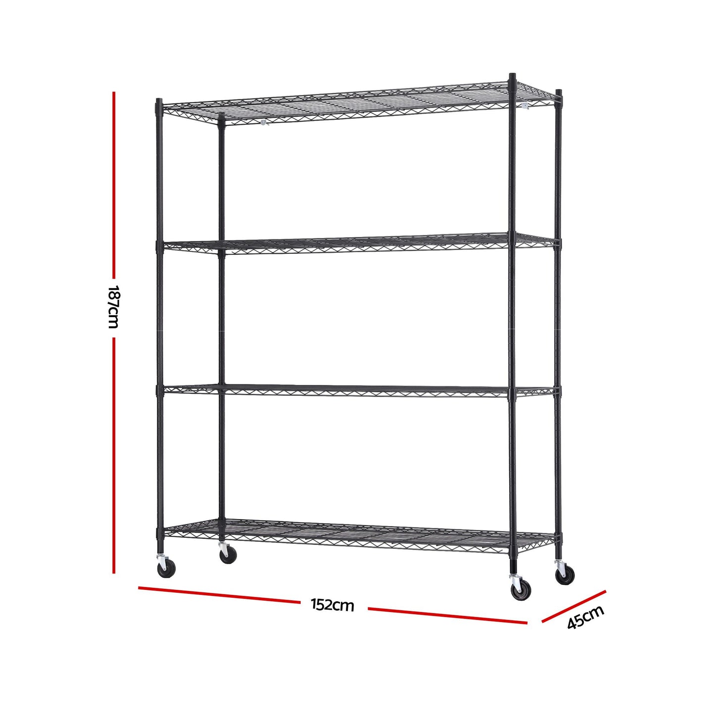 Artiss 4-Tier Kitchen Rack Shelf with Wheels Shelving 152x45x187CM Adjustable Metal Storage Shelves KR-MEL-4S-150-BK