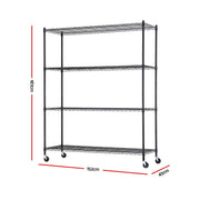 Artiss 4-Tier Kitchen Rack Shelf with Wheels Shelving 152x45x187CM Adjustable Metal Storage Shelves KR-MEL-4S-150-BK