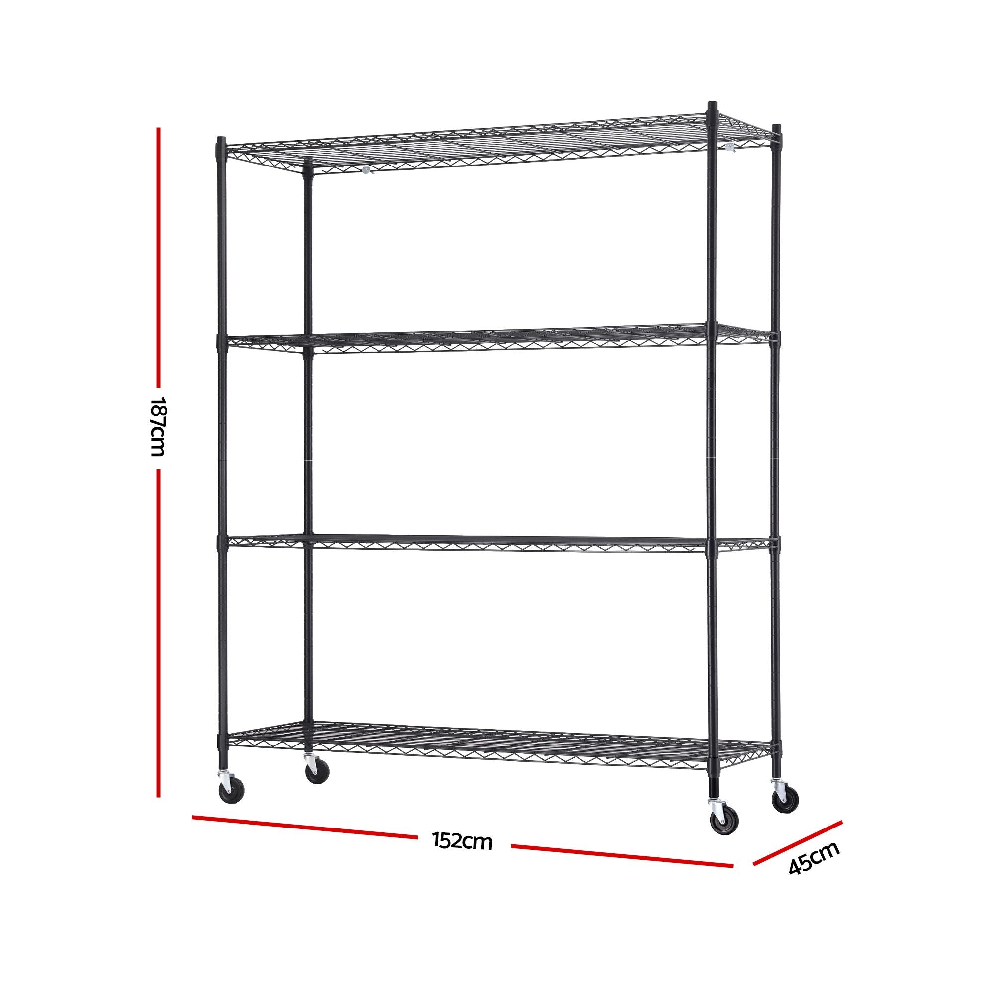 Artiss 4-Tier Kitchen Rack Shelf with Wheels Shelving 152x45x187CM Adjustable Metal Storage Shelves KR-MEL-4S-150-BK