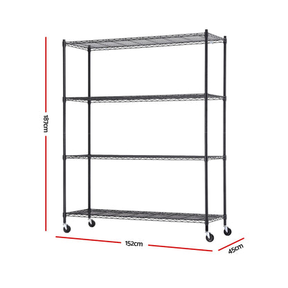 Artiss 4-Tier Kitchen Rack Shelf with Wheels Shelving 152x45x187CM Adjustable Metal Storage Shelves KR-MEL-4S-150-BK