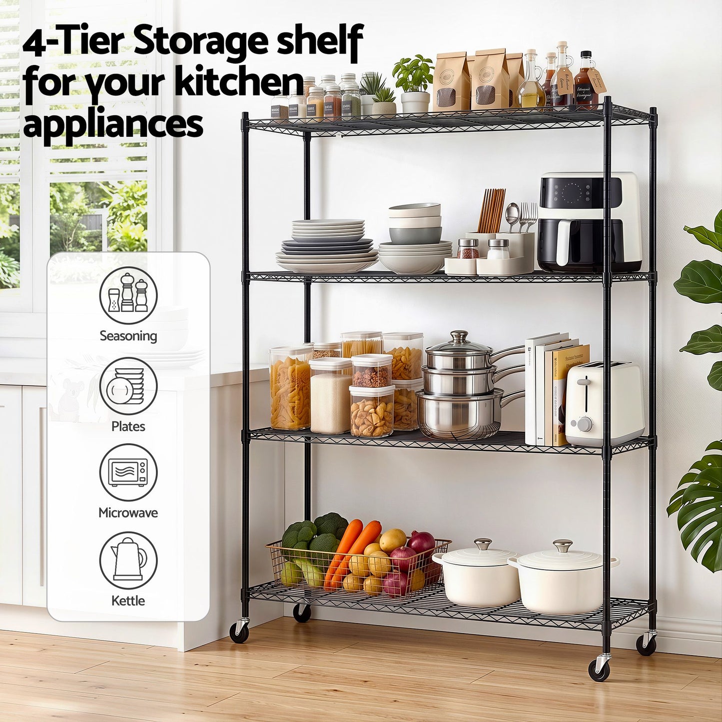 Artiss 4-Tier Kitchen Rack Shelf with Wheels Shelving 152x45x187CM Adjustable Metal Storage Shelves KR-MEL-4S-150-BK