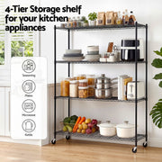 Artiss 4-Tier Kitchen Rack Shelf with Wheels Shelving 152x45x187CM Adjustable Metal Storage Shelves KR-MEL-4S-150-BK