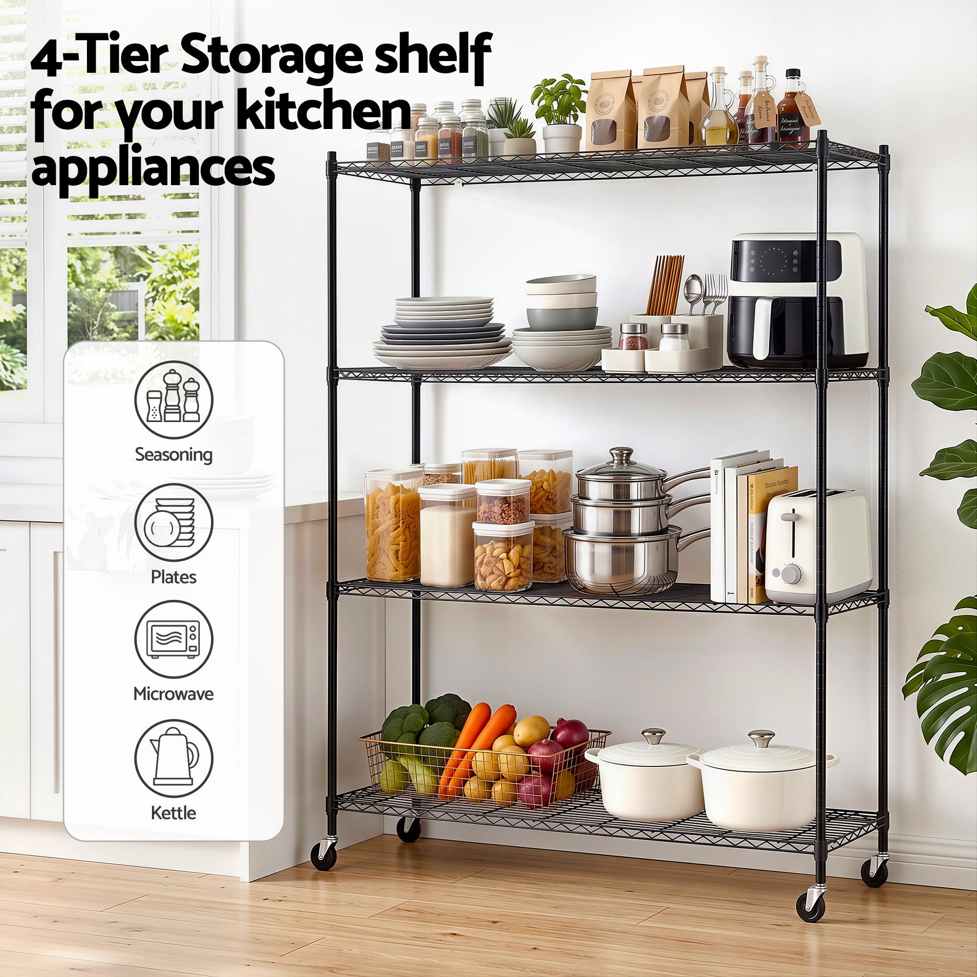 Artiss 4-Tier Kitchen Rack Shelf with Wheels Shelving 152x45x187CM Adjustable Metal Storage Shelves KR-MEL-4S-150-BK