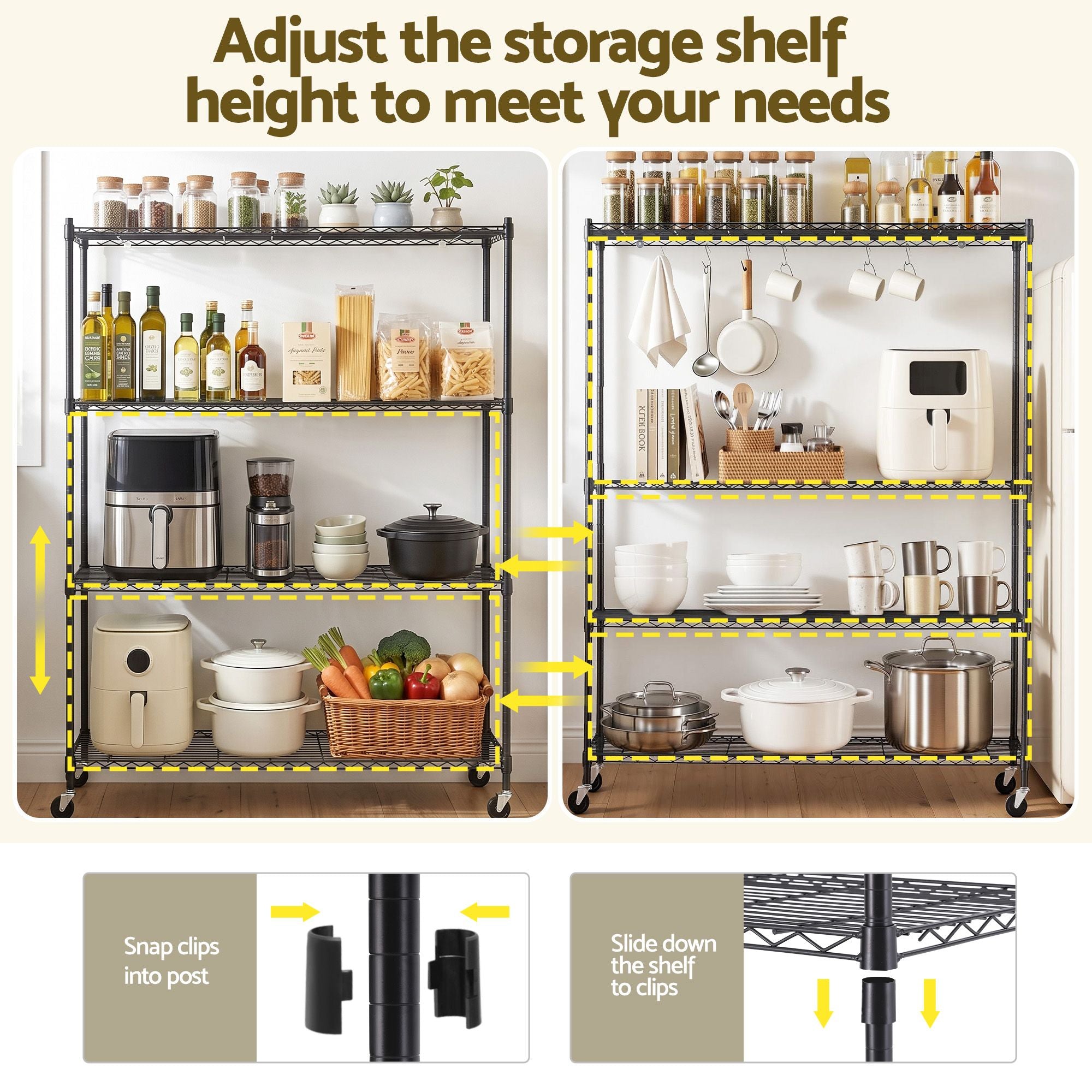 Artiss 4-Tier Kitchen Rack Shelf with Wheels Shelving 152x45x187CM Adjustable Metal Storage Shelves KR-MEL-4S-150-BK
