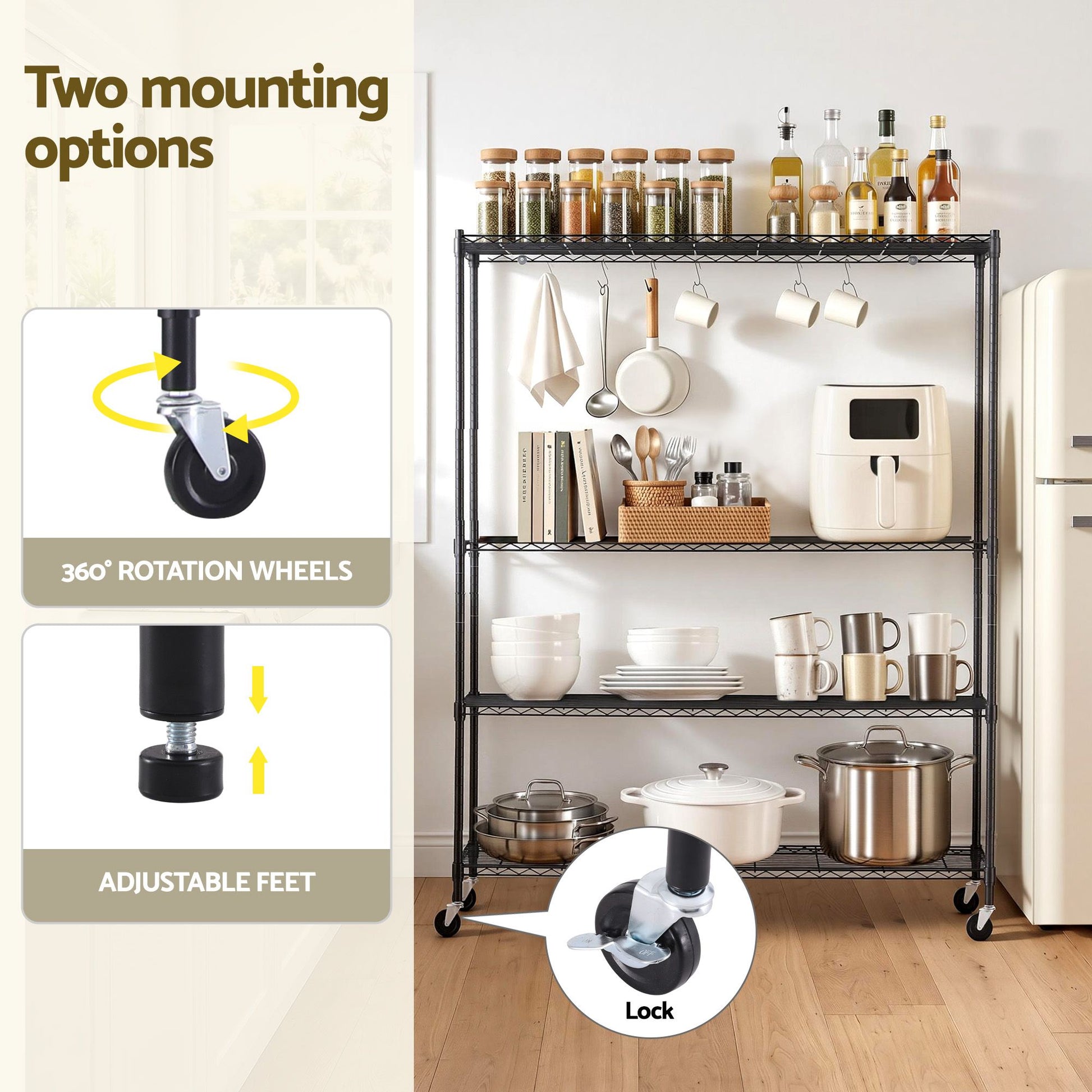 Artiss 4-Tier Kitchen Rack Shelf with Wheels Shelving 152x45x187CM Adjustable Metal Storage Shelves KR-MEL-4S-150-BK