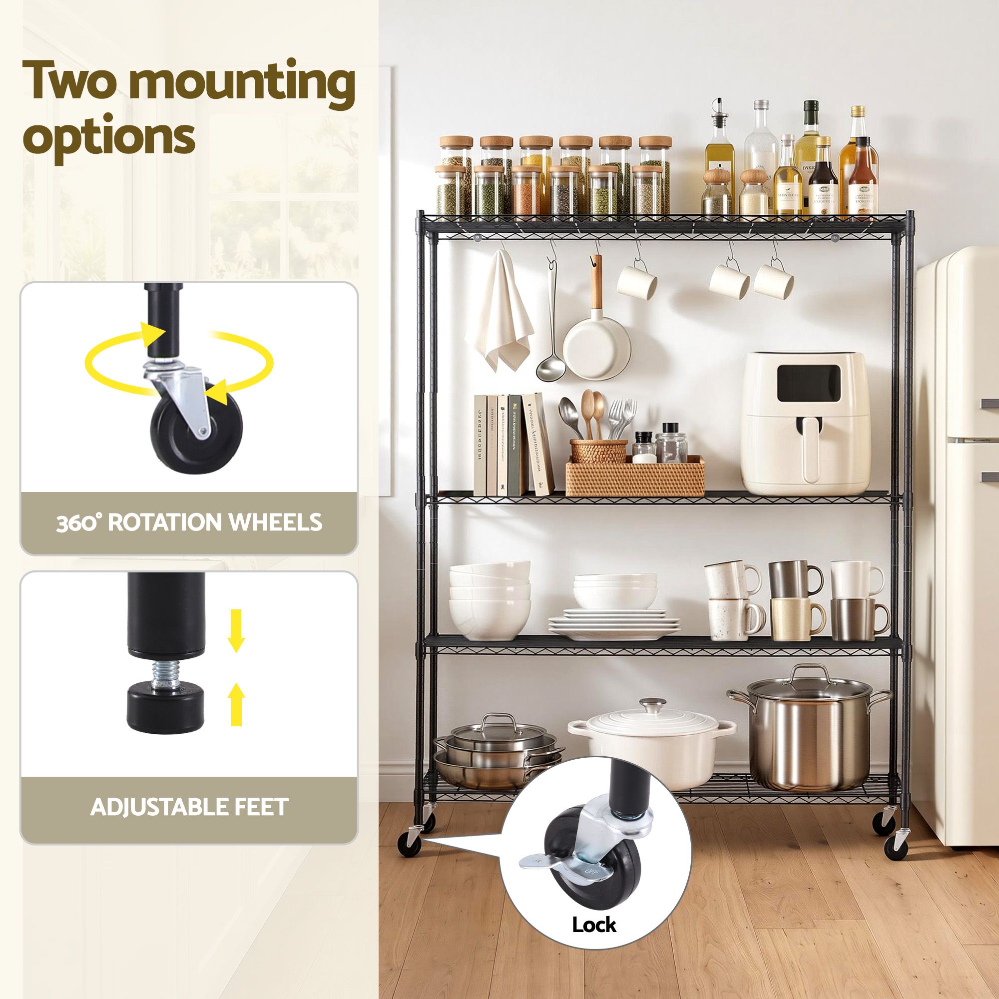 Artiss 4-Tier Kitchen Rack Shelf with Wheels Shelving 152x45x187CM Adjustable Metal Storage Shelves KR-MEL-4S-150-BK