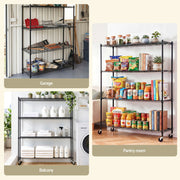 Artiss 4-Tier Kitchen Rack Shelf with Wheels Shelving 152x45x187CM Adjustable Metal Storage Shelves KR-MEL-4S-150-BK