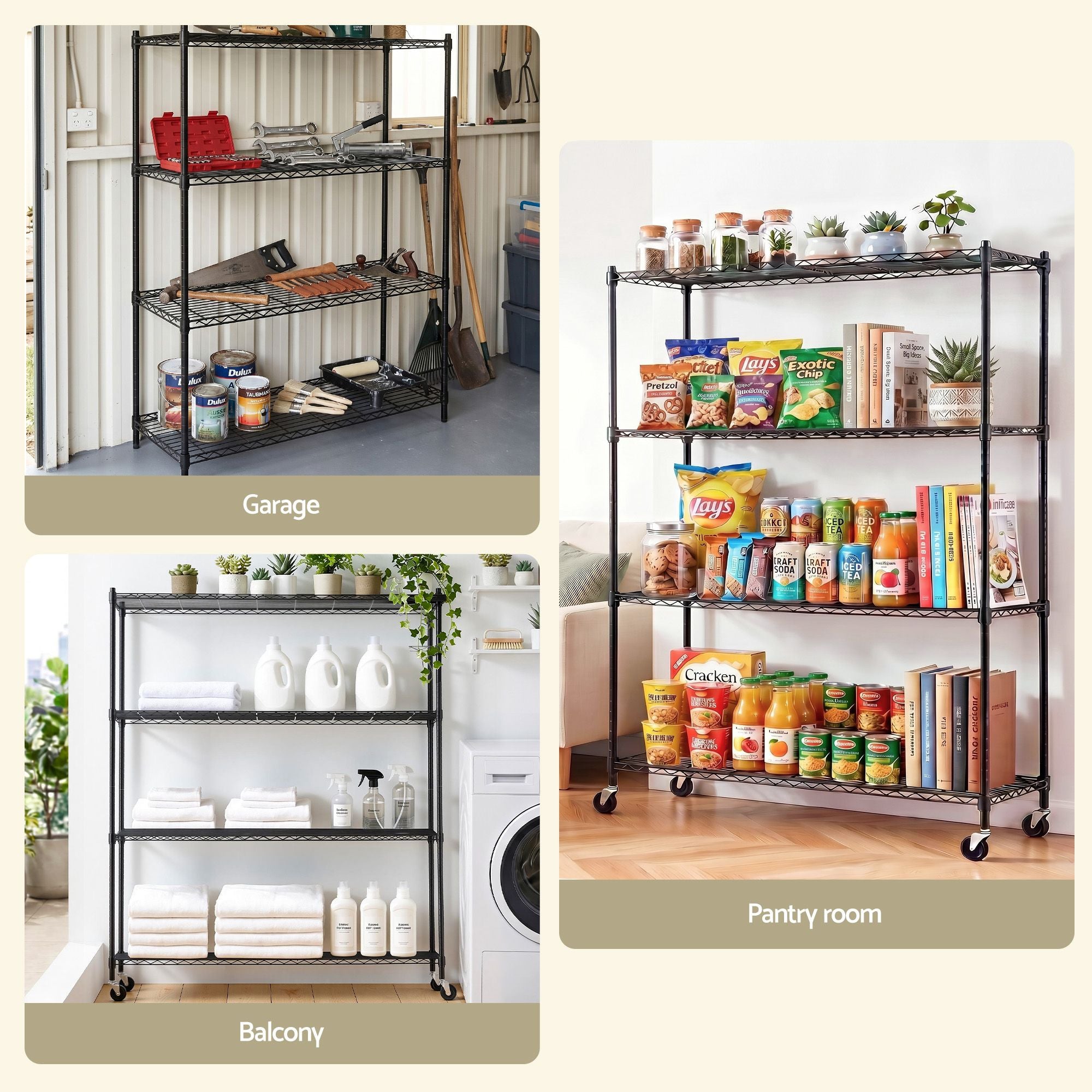 Artiss 4-Tier Kitchen Rack Shelf with Wheels Shelving 152x45x187CM Adjustable Metal Storage Shelves KR-MEL-4S-150-BK