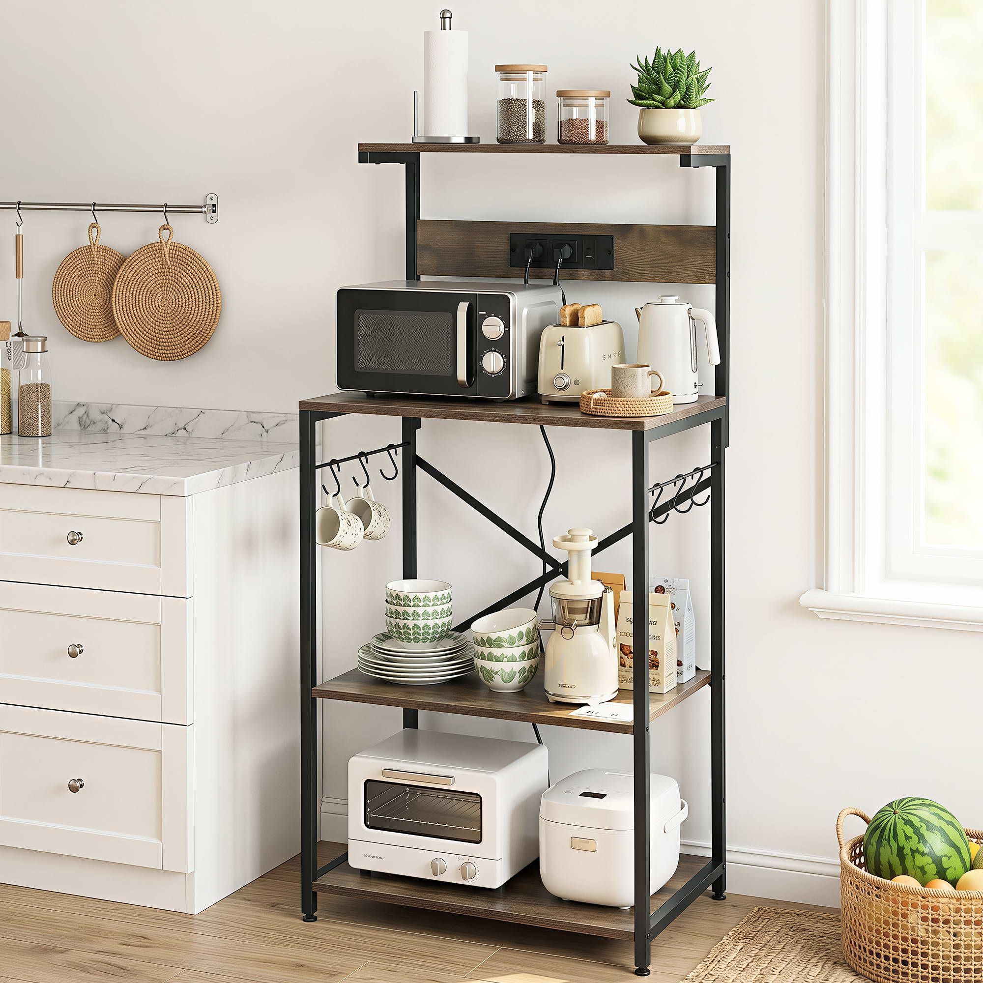 Artiss 4-Tier Kitchen Rack with 2 Power Outlets 6 Hooks Microwave Storage Shelf KR-MEL-4S-60-2AC-BKBR