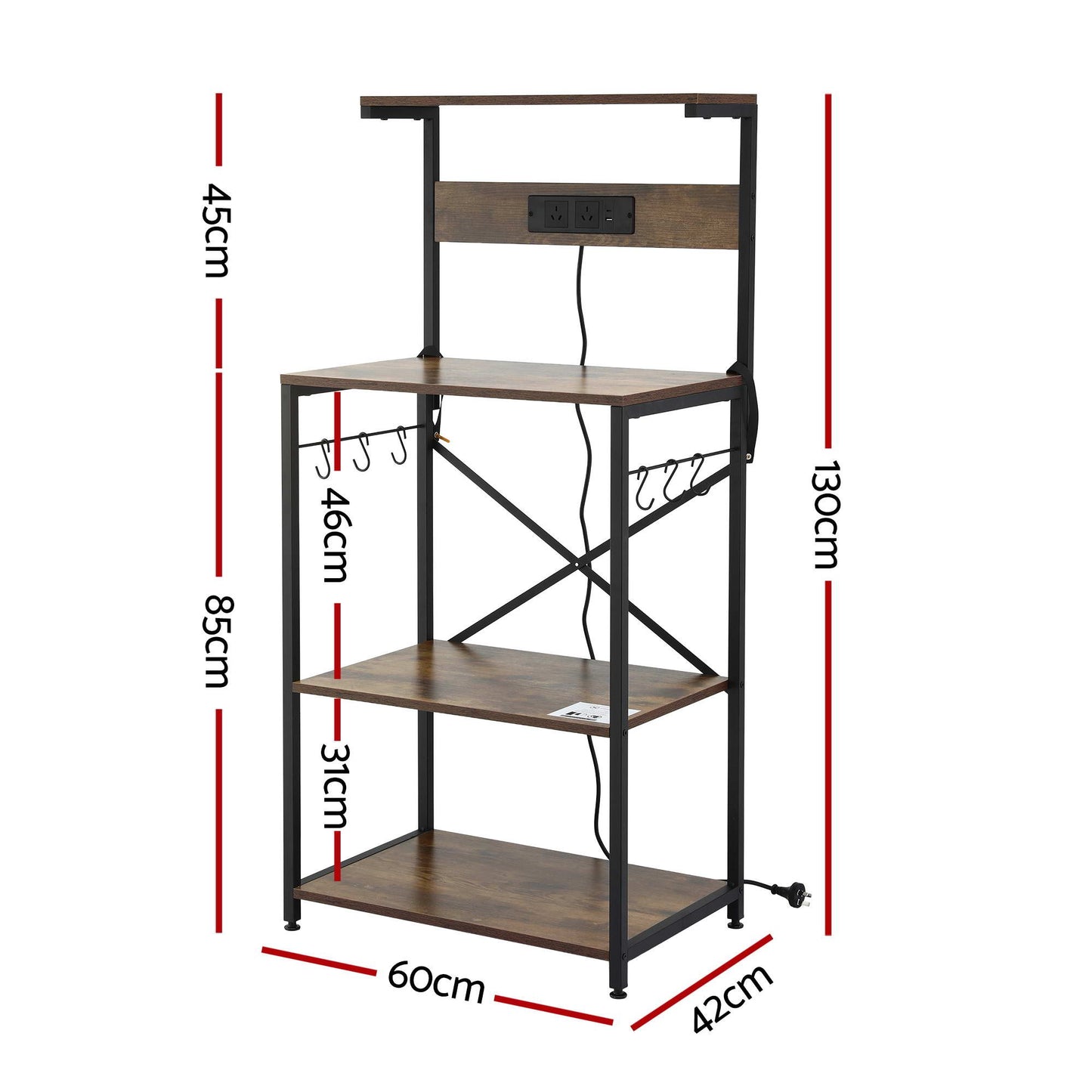 Artiss 4-Tier Kitchen Rack with 2 Power Outlets 6 Hooks Microwave Storage Shelf KR-MEL-4S-60-2AC-BKBR