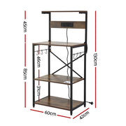 Artiss 4-Tier Kitchen Rack with 2 Power Outlets 6 Hooks Microwave Storage Shelf KR-MEL-4S-60-2AC-BKBR