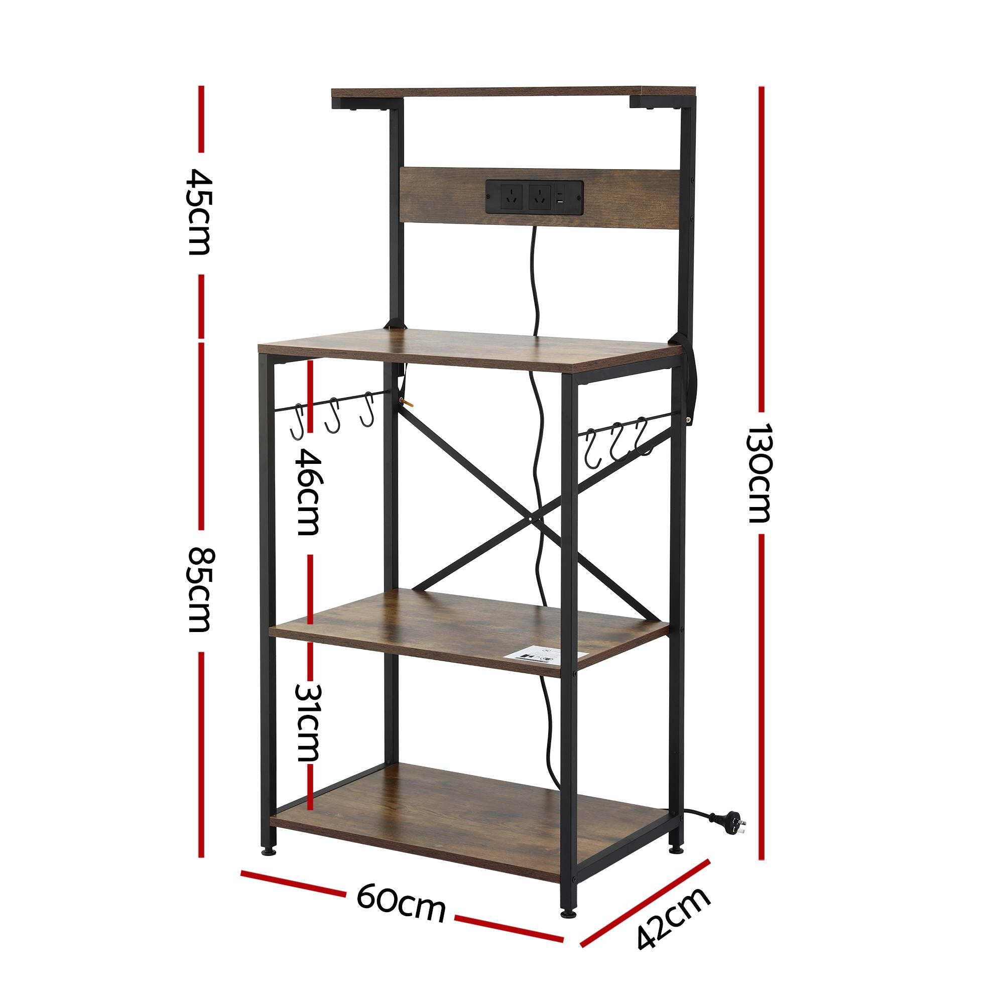 Artiss 4-Tier Kitchen Rack with 2 Power Outlets 6 Hooks Microwave Storage Shelf KR-MEL-4S-60-2AC-BKBR
