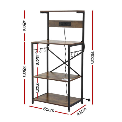 Artiss 4-Tier Kitchen Rack with 2 Power Outlets 6 Hooks Microwave Storage Shelf KR-MEL-4S-60-2AC-BKBR
