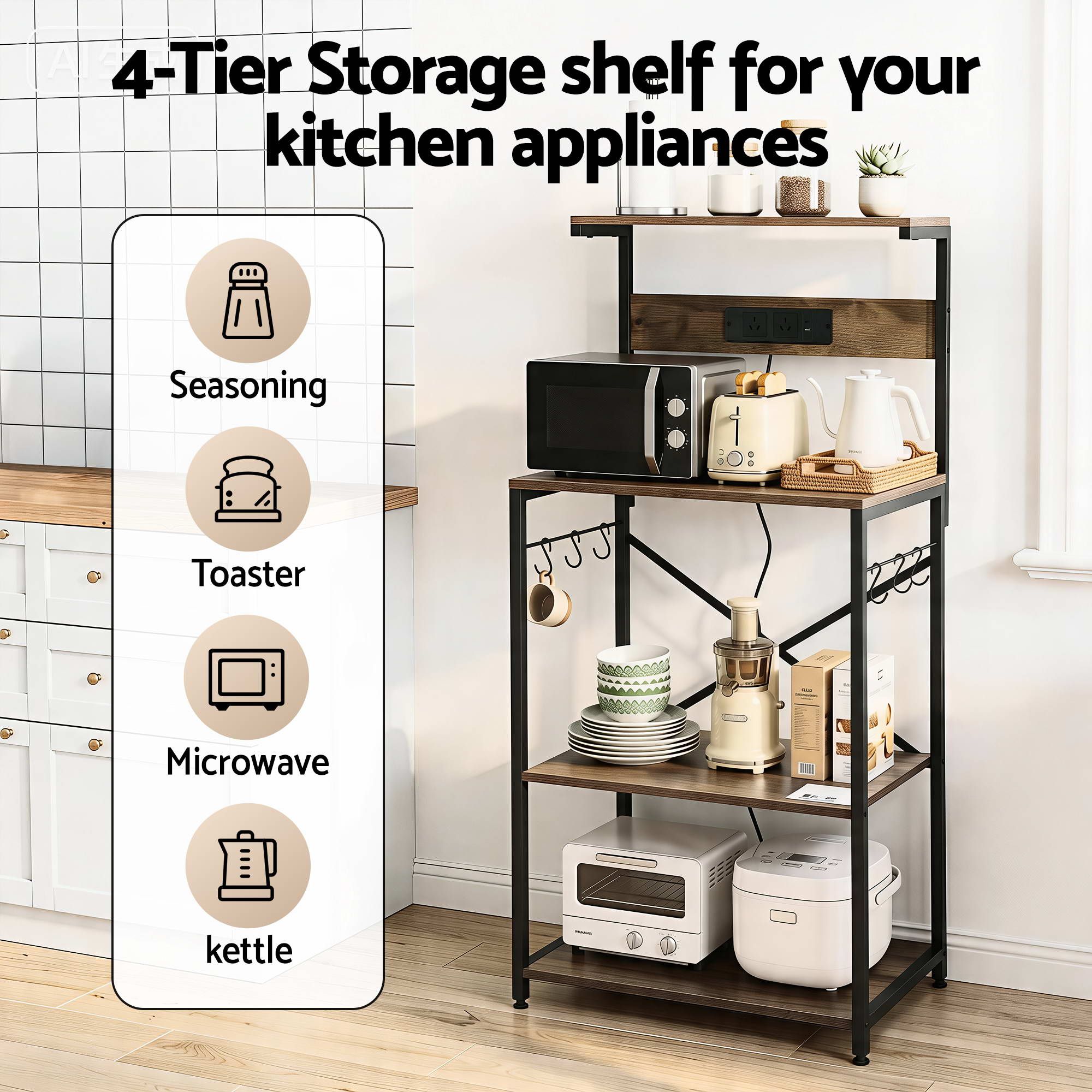 Artiss 4-Tier Kitchen Rack with 2 Power Outlets 6 Hooks Microwave Storage Shelf KR-MEL-4S-60-2AC-BKBR