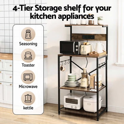 Artiss 4-Tier Kitchen Rack with 2 Power Outlets 6 Hooks Microwave Storage Shelf KR-MEL-4S-60-2AC-BKBR