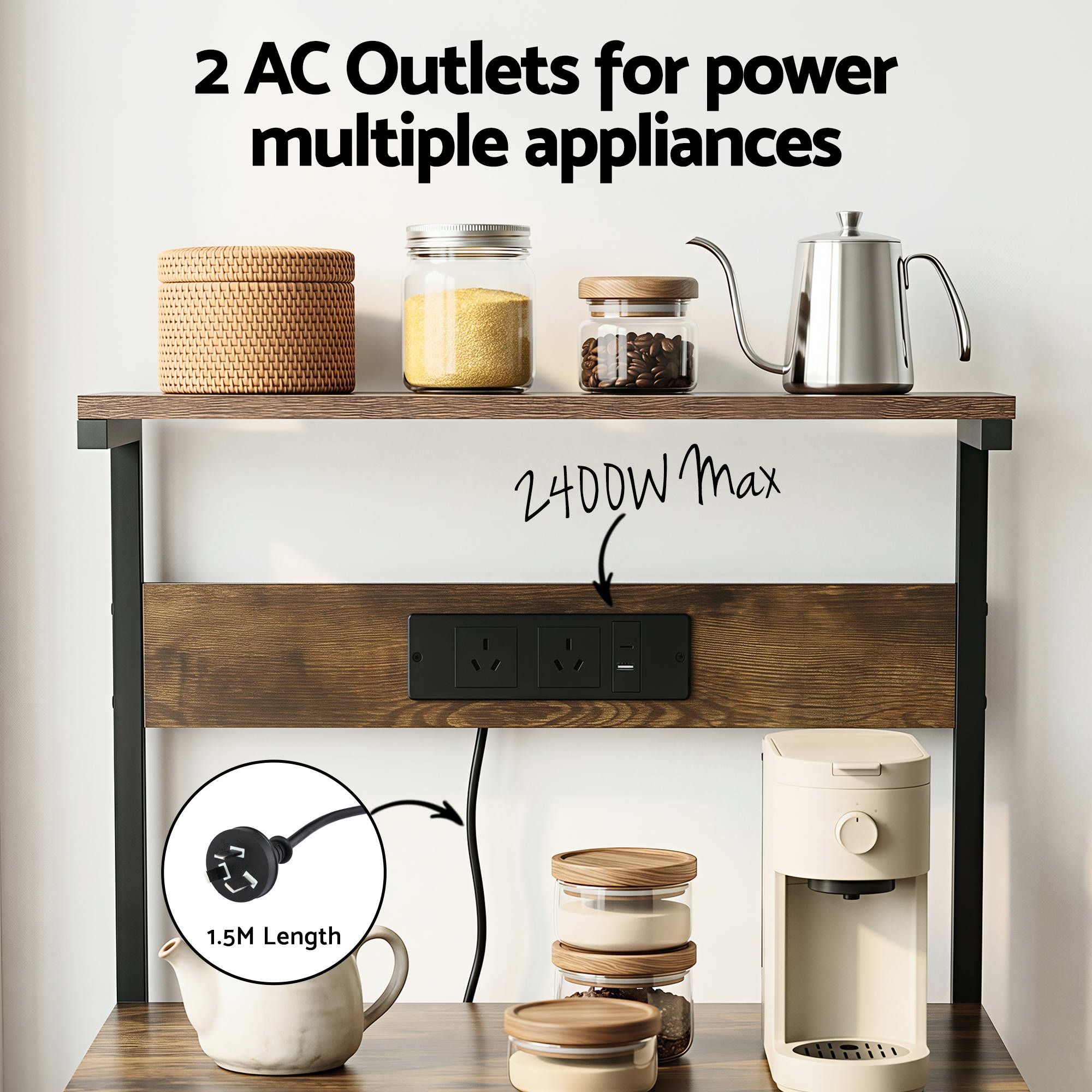 Artiss 4-Tier Kitchen Rack with 2 Power Outlets 6 Hooks Microwave Storage Shelf KR-MEL-4S-60-2AC-BKBR