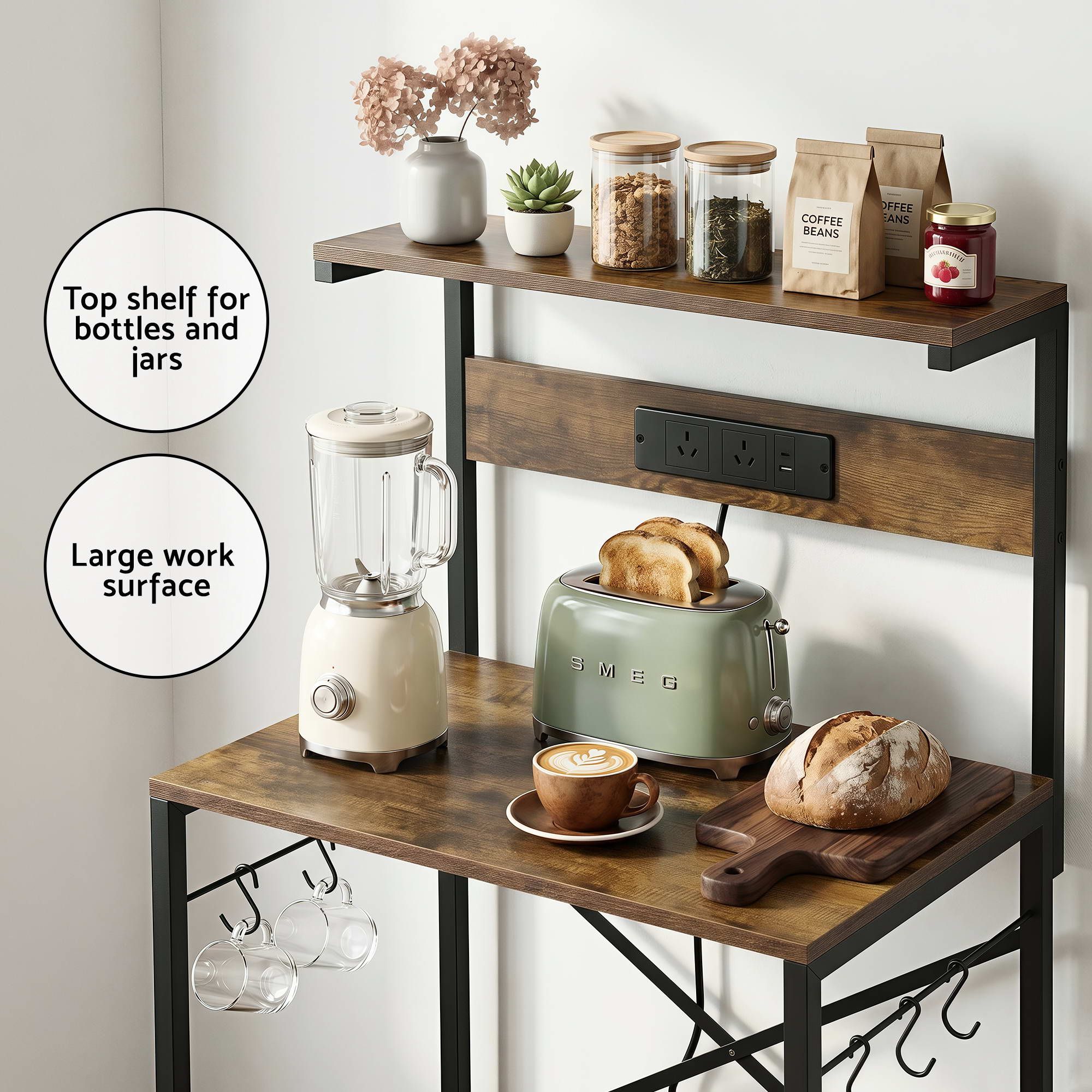 Artiss 4-Tier Kitchen Rack with 2 Power Outlets 6 Hooks Microwave Storage Shelf KR-MEL-4S-60-2AC-BKBR
