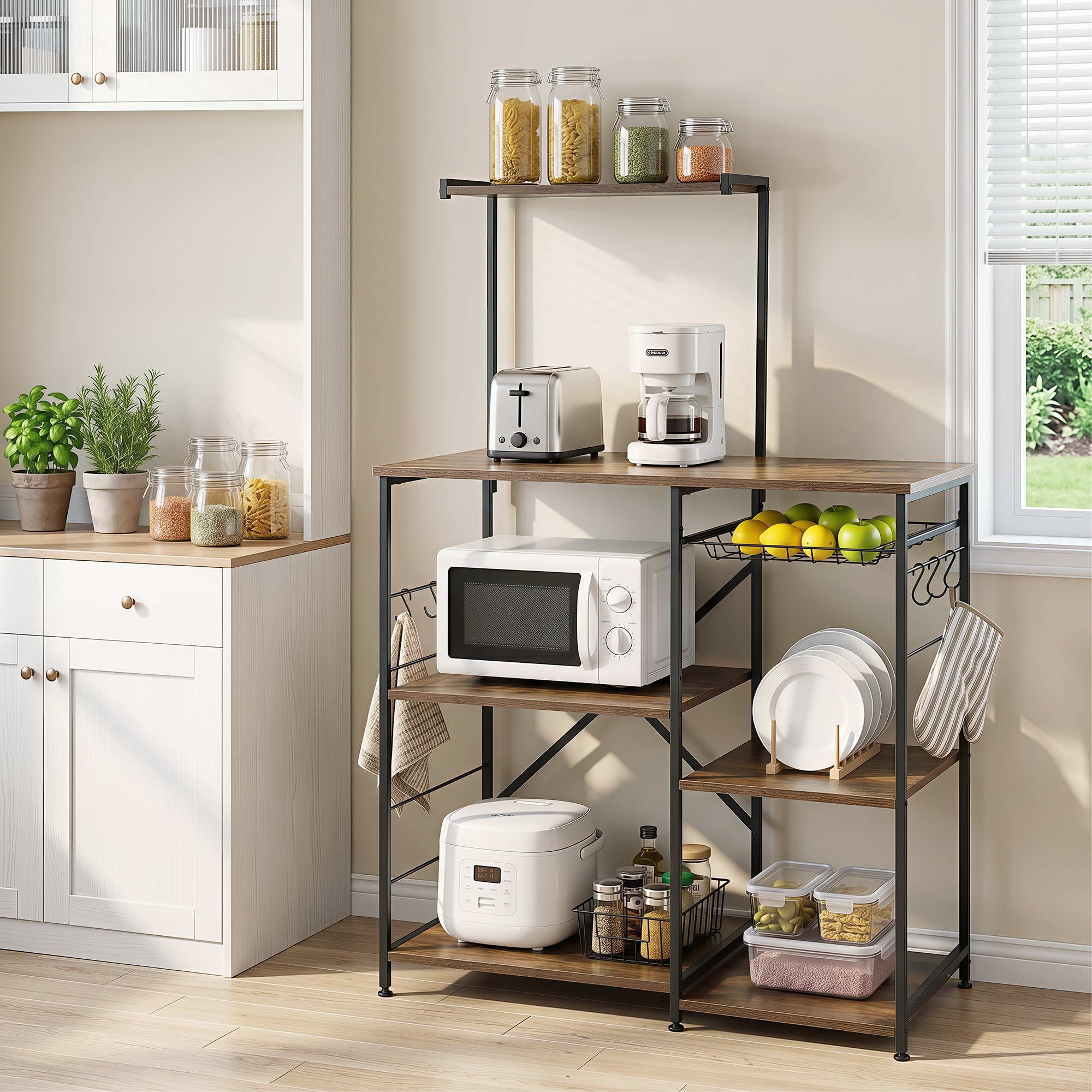 Artiss 4-Tier Kitchen Rack with Pull Out Basket 6 Hooks Microwave Storage Shelf KR-MEL-4S-90-BKBR