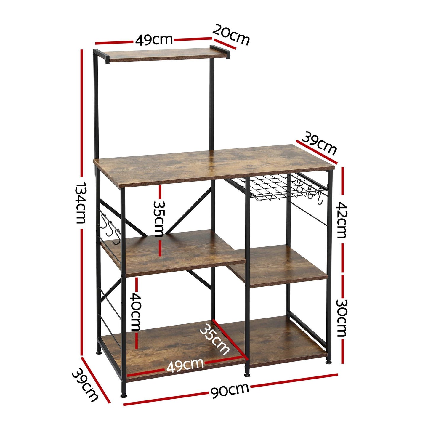 Artiss 4-Tier Kitchen Rack with Pull Out Basket 6 Hooks Microwave Storage Shelf KR-MEL-4S-90-BKBR