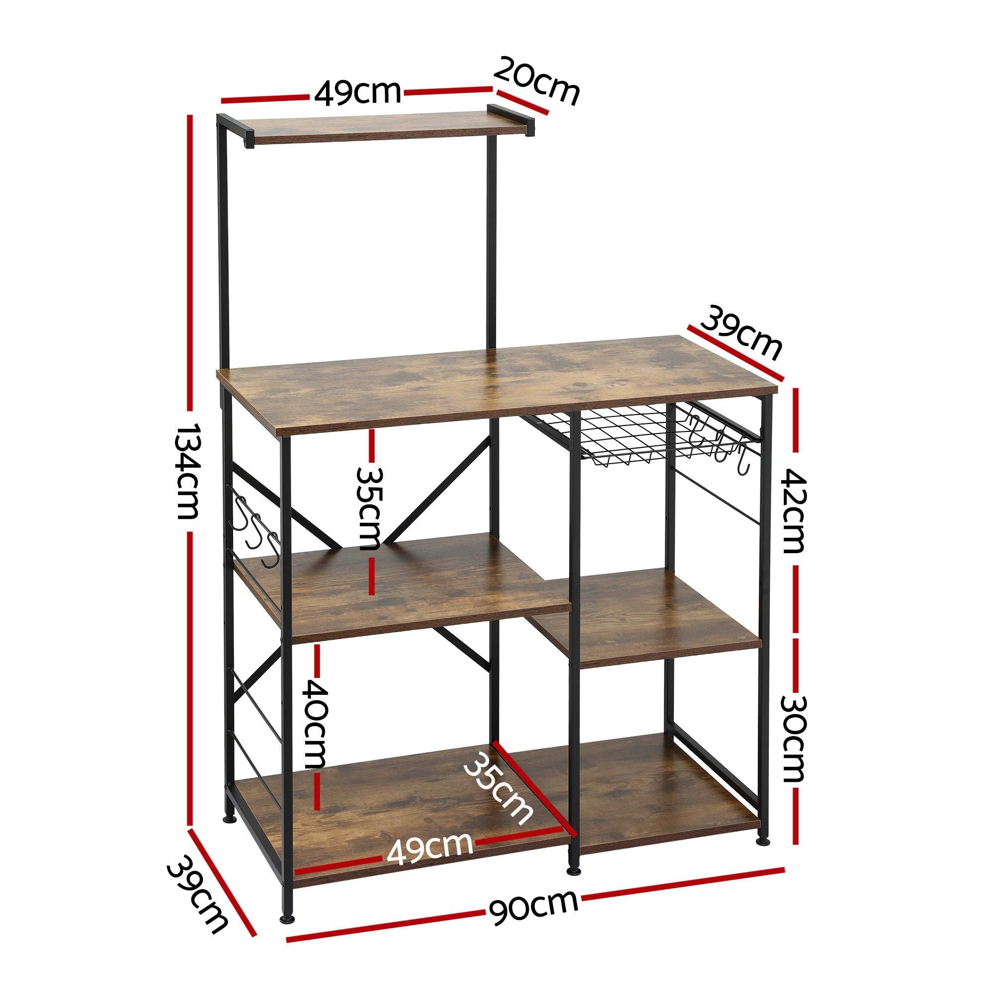 Artiss 4-Tier Kitchen Rack with Pull Out Basket 6 Hooks Microwave Storage Shelf KR-MEL-4S-90-BKBR