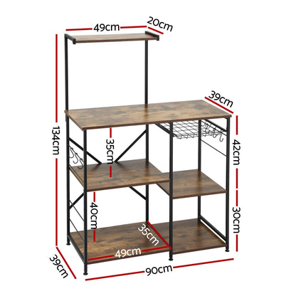Artiss 4-Tier Kitchen Rack with Pull Out Basket 6 Hooks Microwave Storage Shelf KR-MEL-4S-90-BKBR