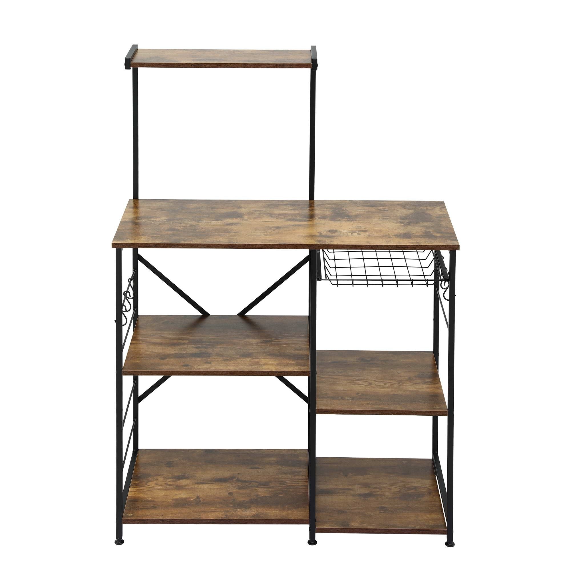 Artiss 4-Tier Kitchen Rack with Pull Out Basket 6 Hooks Microwave Storage Shelf KR-MEL-4S-90-BKBR