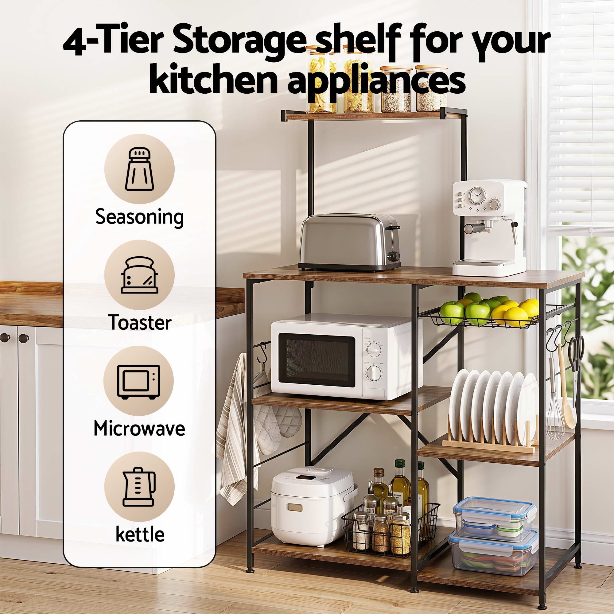 Artiss 4-Tier Kitchen Rack with Pull Out Basket 6 Hooks Microwave Storage Shelf KR-MEL-4S-90-BKBR