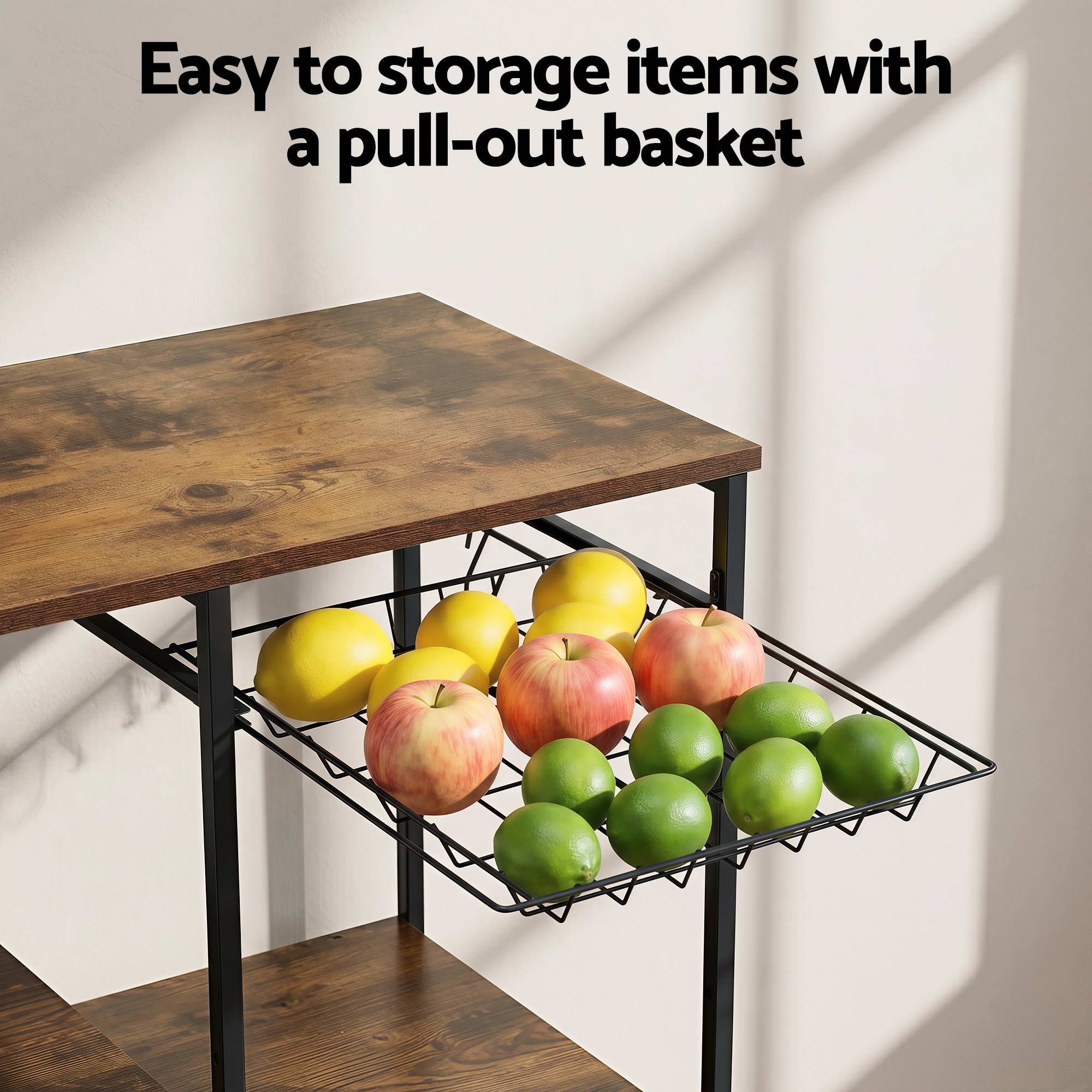 Artiss 4-Tier Kitchen Rack with Pull Out Basket 6 Hooks Microwave Storage Shelf KR-MEL-4S-90-BKBR