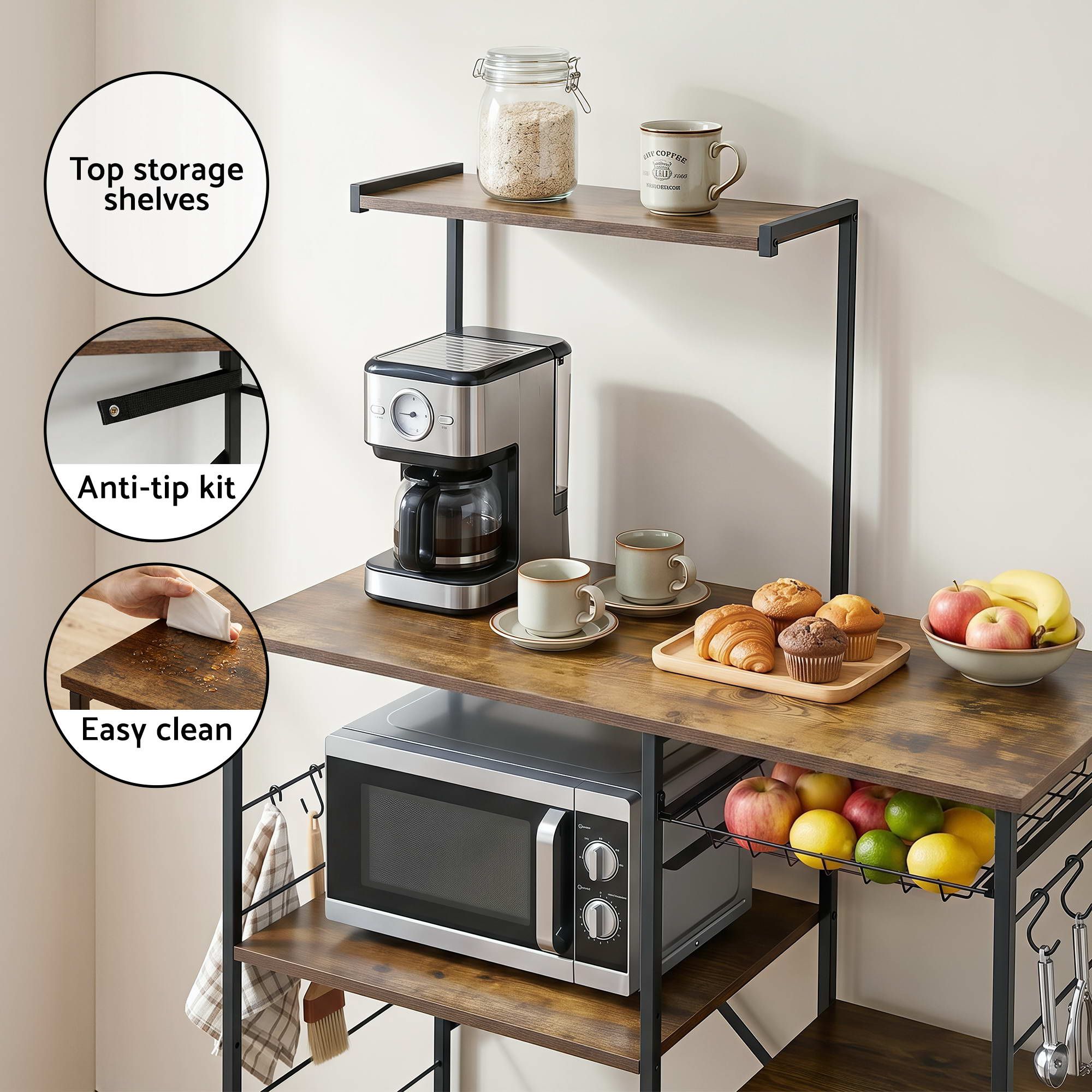Artiss 4-Tier Kitchen Rack with Pull Out Basket 6 Hooks Microwave Storage Shelf KR-MEL-4S-90-BKBR