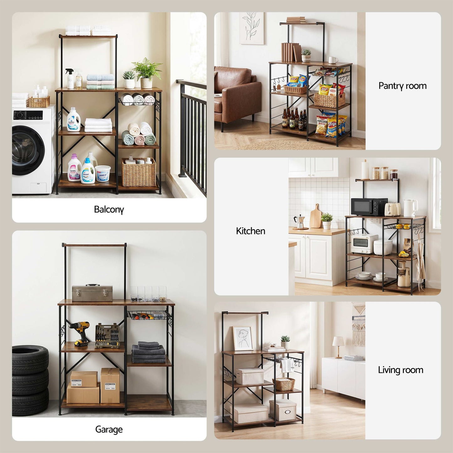 Artiss 4-Tier Kitchen Rack with Pull Out Basket 6 Hooks Microwave Storage Shelf KR-MEL-4S-90-BKBR