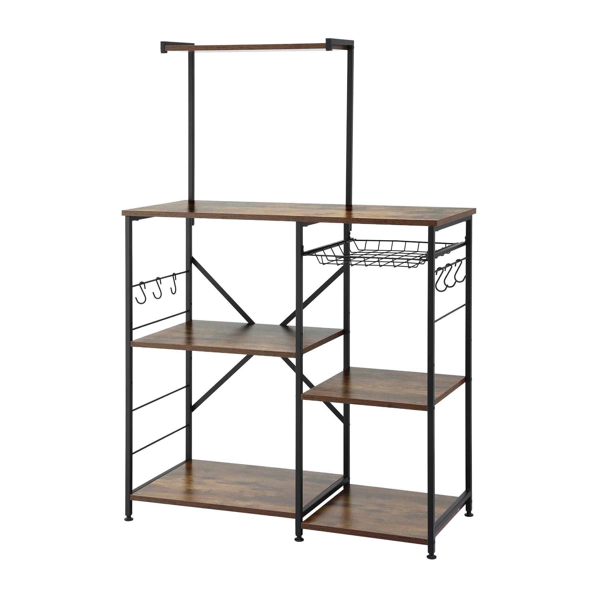 Artiss 4-Tier Kitchen Rack with Pull Out Basket 6 Hooks Microwave Storage Shelf KR-MEL-4S-90-BKBR