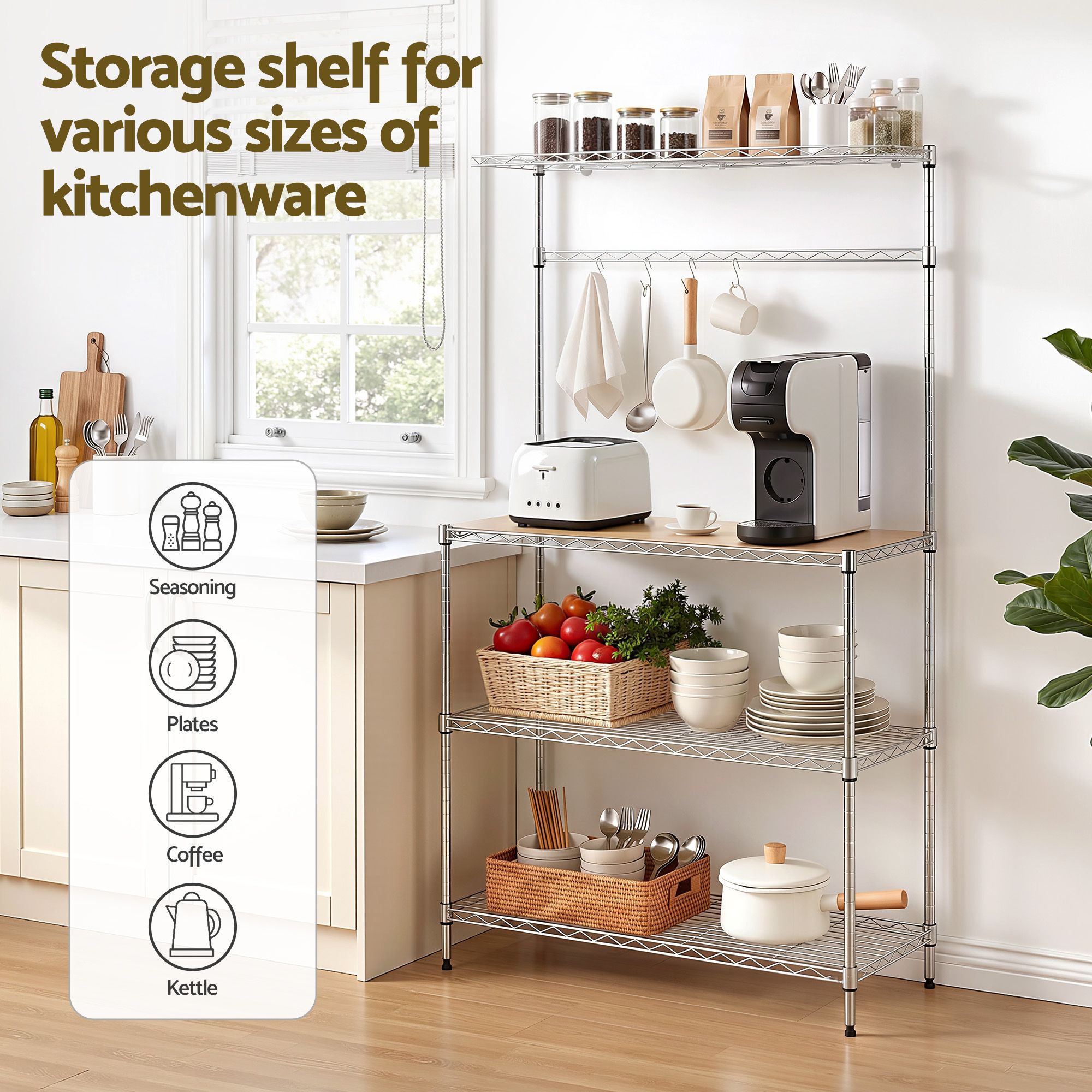 Artiss 4-Tier Metal Kitchen Rack Shelf Silver Storage Shelves Organizer Microwave Stand 90cmx151cm KR-MEL-4S-90-SS