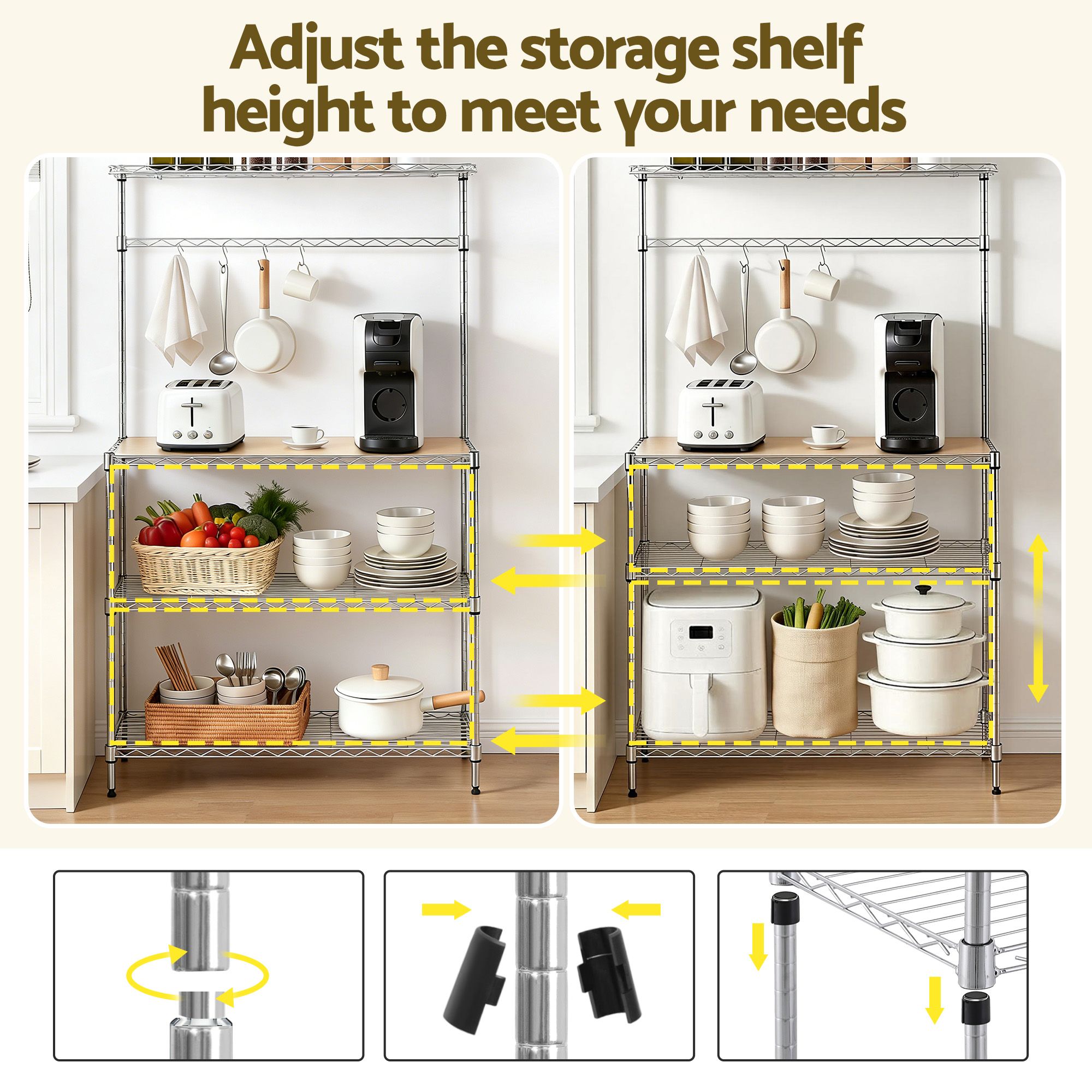 Artiss 4-Tier Metal Kitchen Rack Shelf Silver Storage Shelves Organizer Microwave Stand 90cmx151cm KR-MEL-4S-90-SS