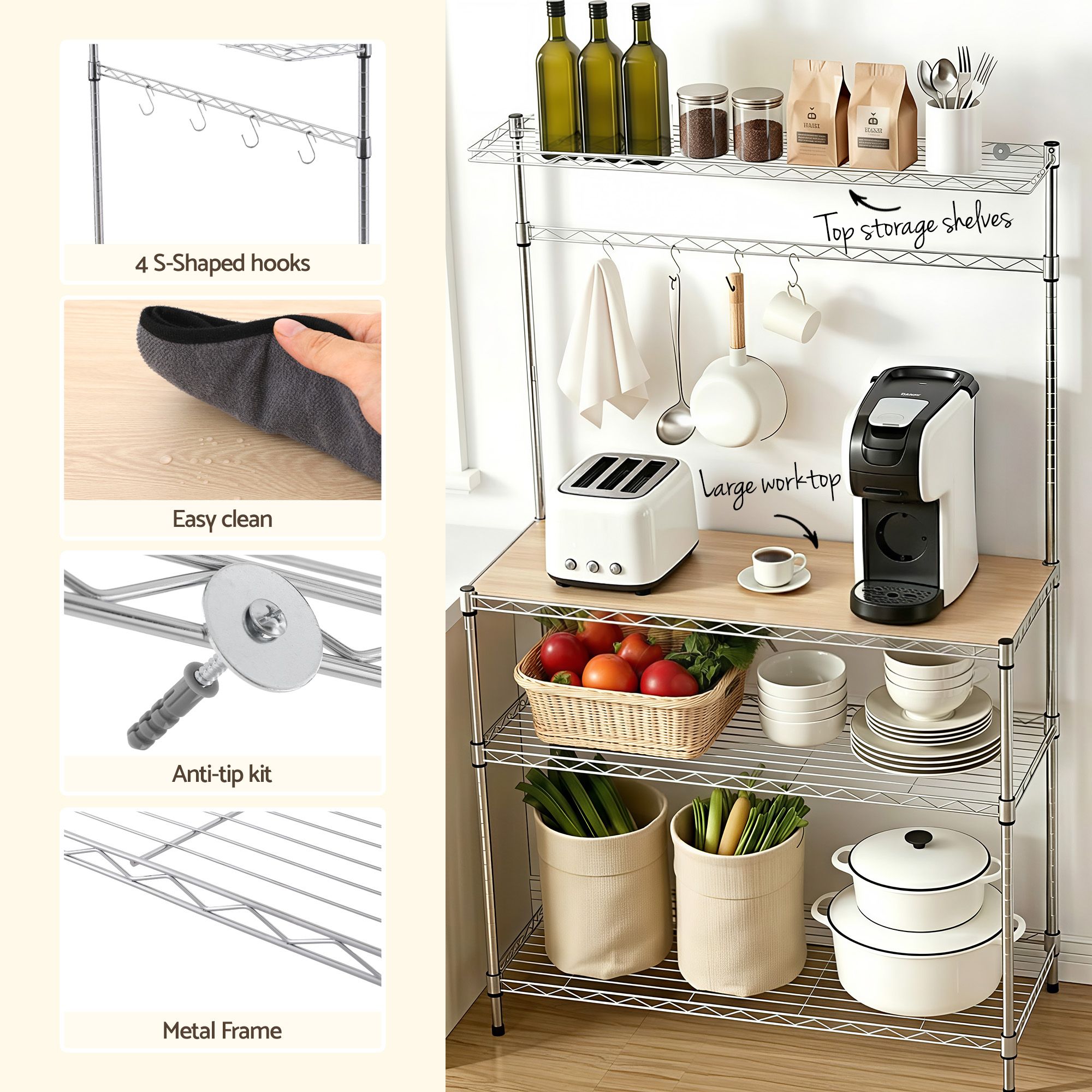 Artiss 4-Tier Metal Kitchen Rack Shelf Silver Storage Shelves Organizer Microwave Stand 90cmx151cm KR-MEL-4S-90-SS