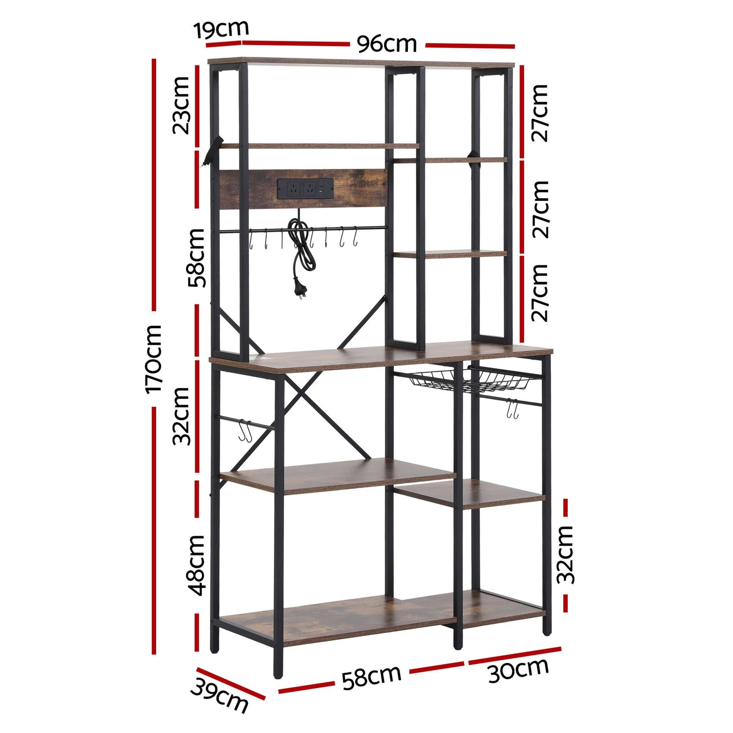 Artiss Kitchen Rack with Power Outlets Hooks 96CMX170CM Microwave Storage Shelf KR-MEL-5S-100-2AC-BKBR