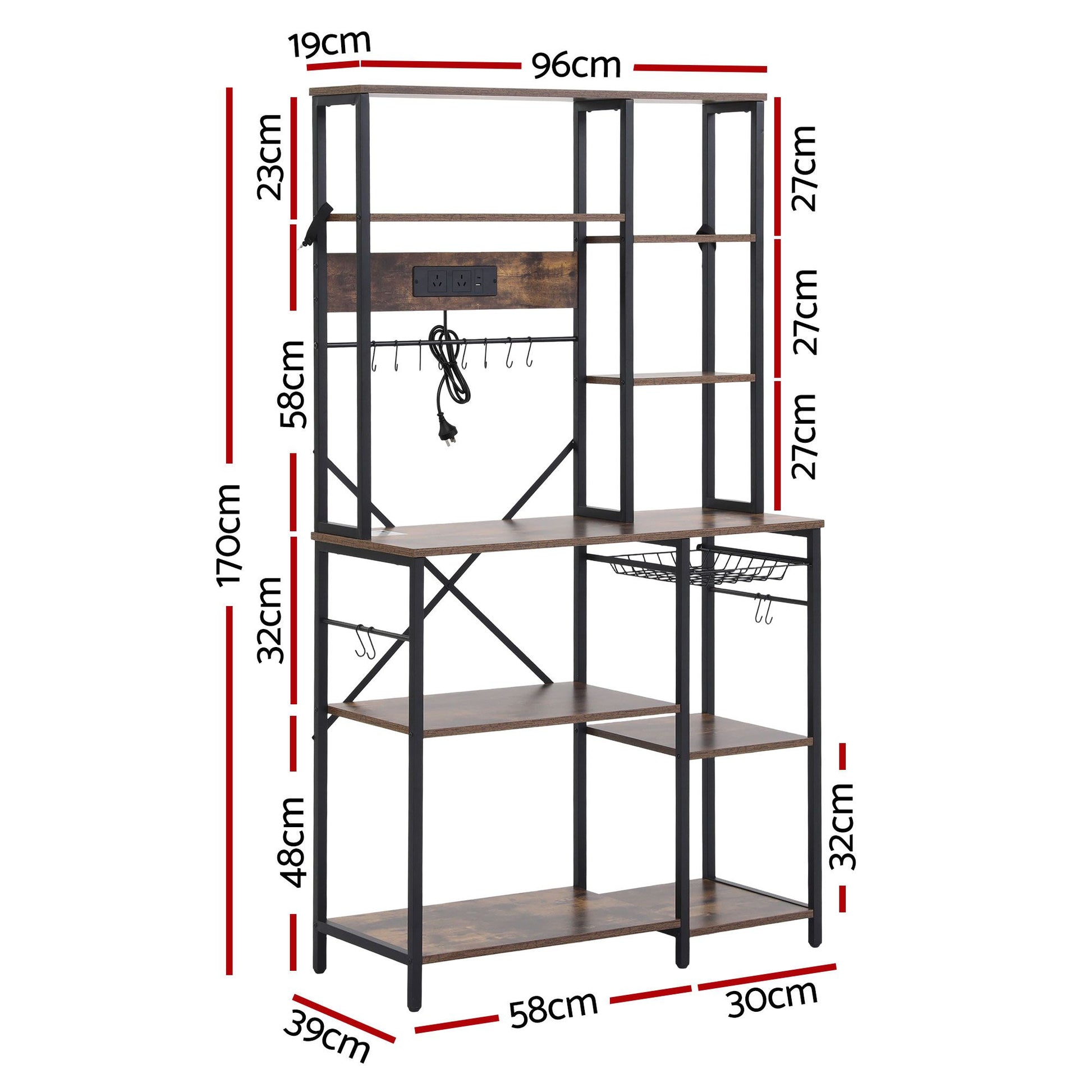 Artiss Kitchen Rack with Power Outlets Hooks 96CMX170CM Microwave Storage Shelf KR-MEL-5S-100-2AC-BKBR