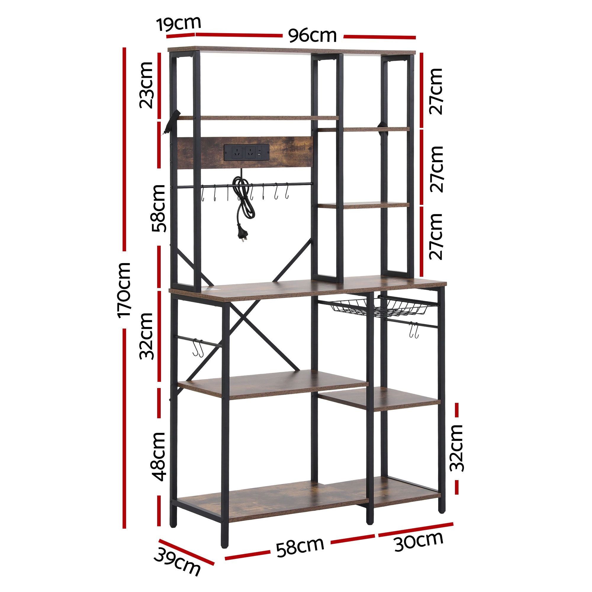Artiss Kitchen Rack with Power Outlets Hooks 96CMX170CM Microwave Storage Shelf KR-MEL-5S-100-2AC-BKBR