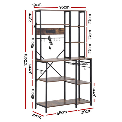 Artiss Kitchen Rack with Power Outlets Hooks 96CMX170CM Microwave Storage Shelf KR-MEL-5S-100-2AC-BKBR
