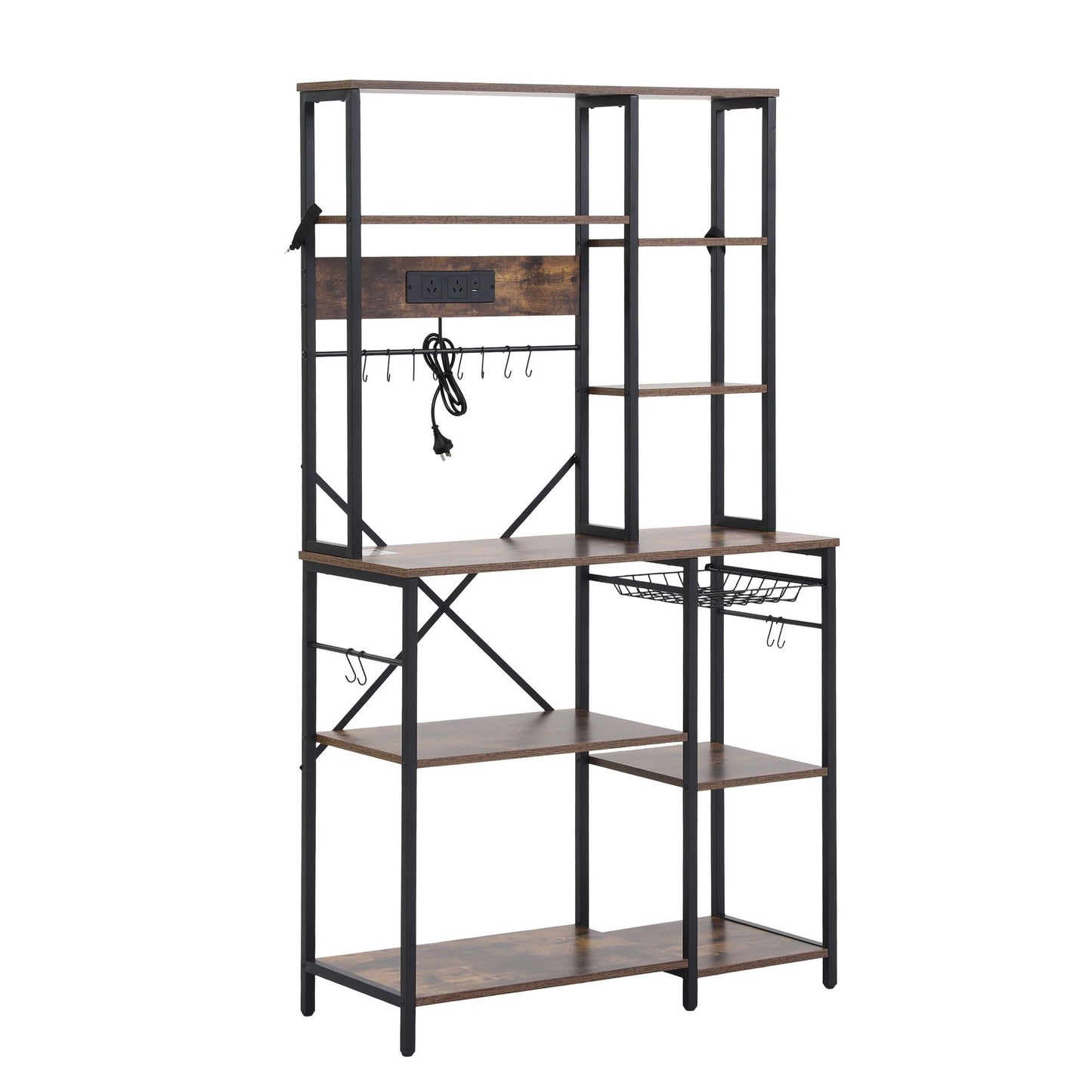 Artiss Kitchen Rack with Power Outlets Hooks 96CMX170CM Microwave Storage Shelf KR-MEL-5S-100-2AC-BKBR