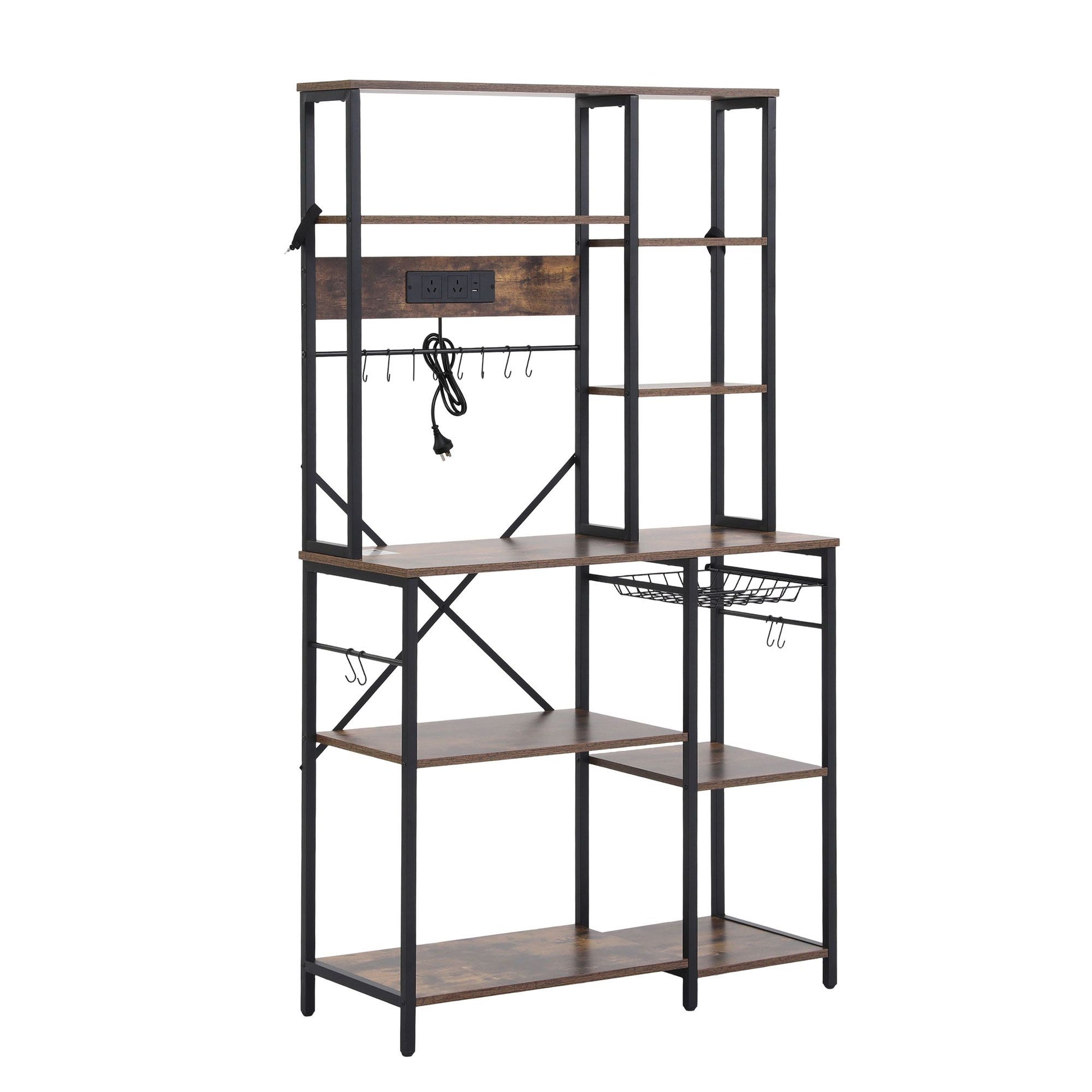 Artiss Kitchen Rack with Power Outlets Hooks 96CMX170CM Microwave Storage Shelf KR-MEL-5S-100-2AC-BKBR