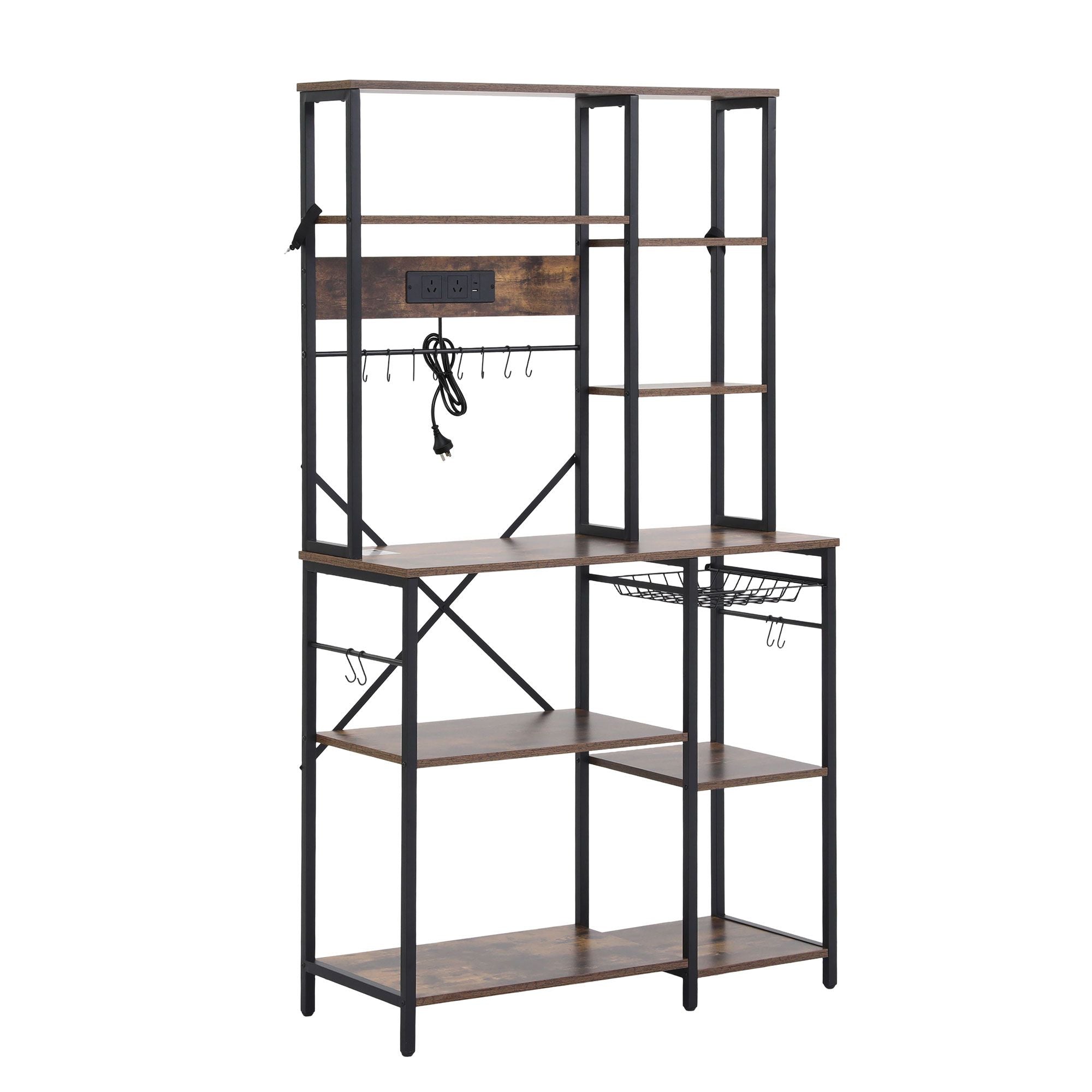 Artiss Kitchen Rack with Power Outlets Hooks 96CMX170CM Microwave Storage Shelf KR-MEL-5S-100-2AC-BKBR