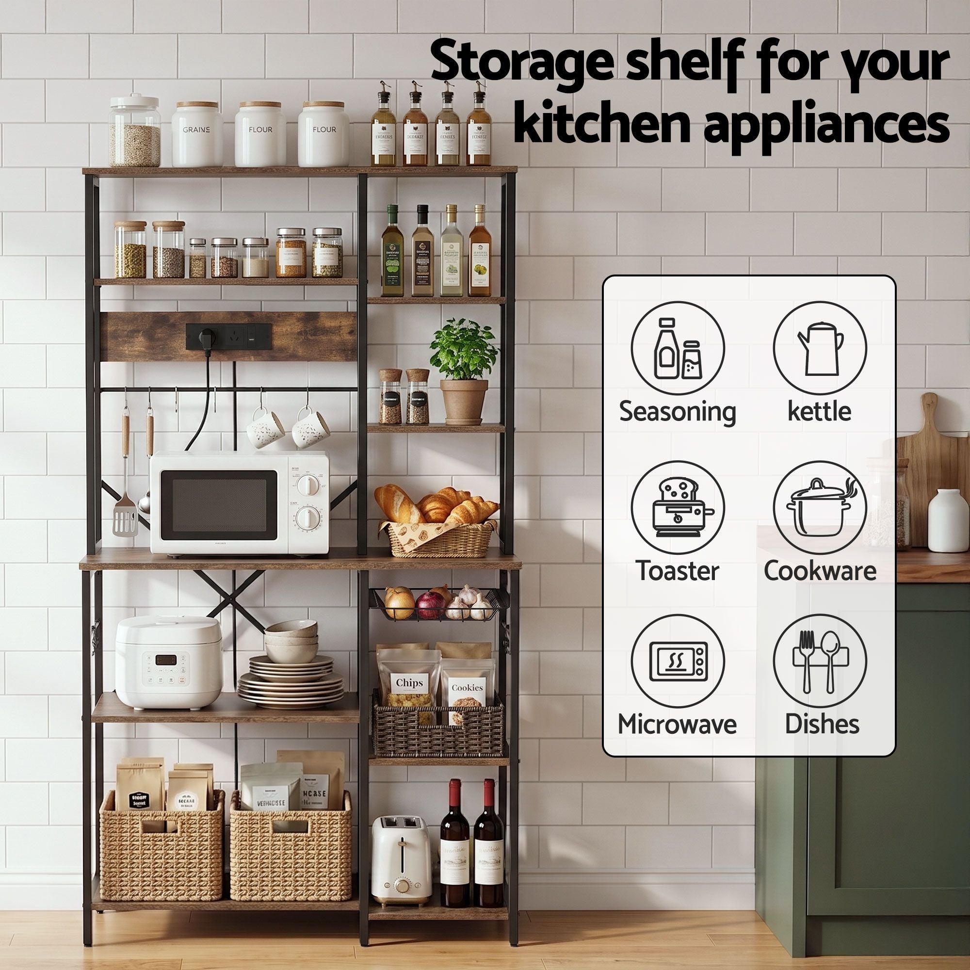 Artiss Kitchen Rack with Power Outlets Hooks 96CMX170CM Microwave Storage Shelf KR-MEL-5S-100-2AC-BKBR