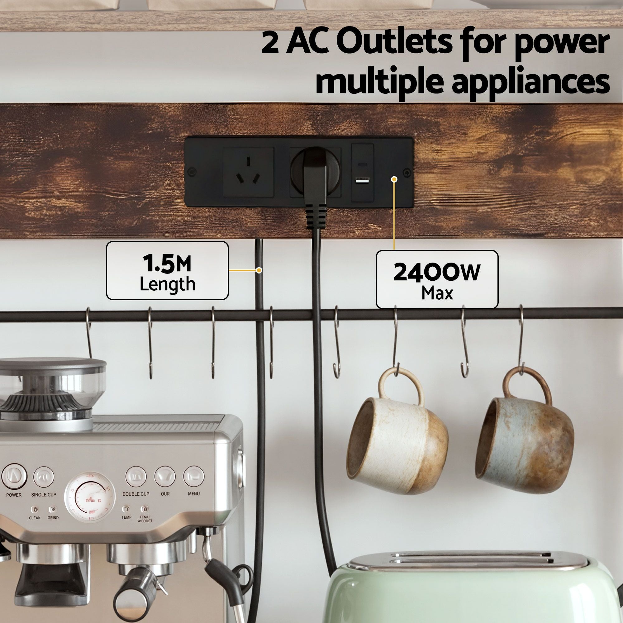 Artiss Kitchen Rack with Power Outlets Hooks 96CMX170CM Microwave Storage Shelf KR-MEL-5S-100-2AC-BKBR