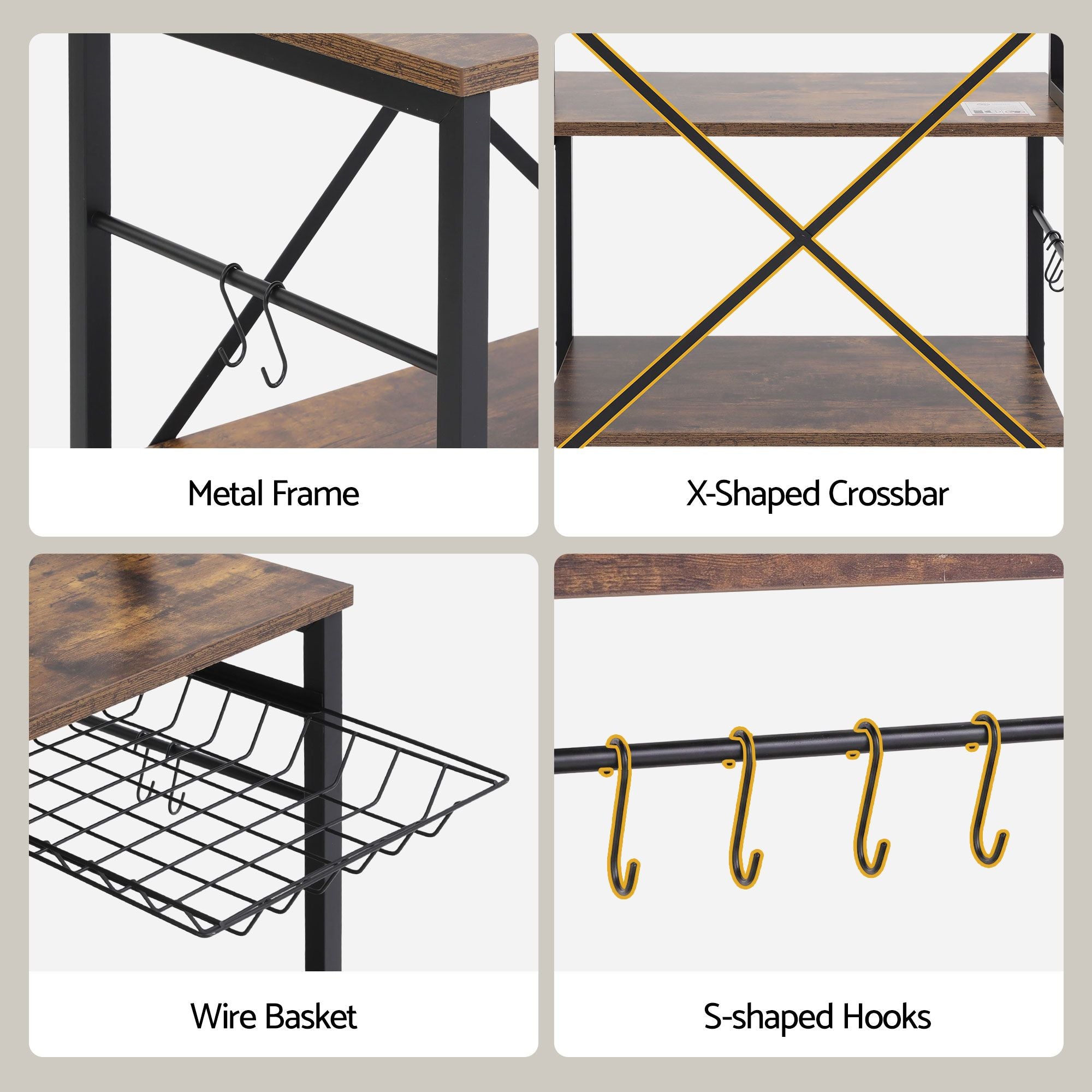Artiss Kitchen Rack with Power Outlets Hooks 96CMX170CM Microwave Storage Shelf KR-MEL-5S-100-2AC-BKBR