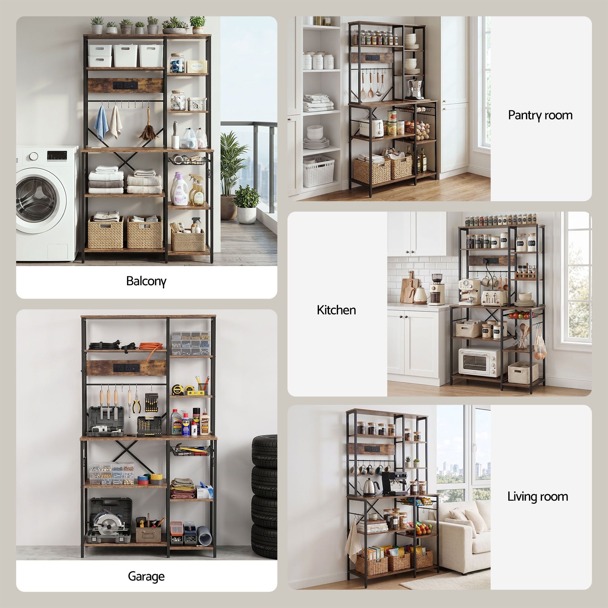 Artiss Kitchen Rack with Power Outlets Hooks 96CMX170CM Microwave Storage Shelf KR-MEL-5S-100-2AC-BKBR