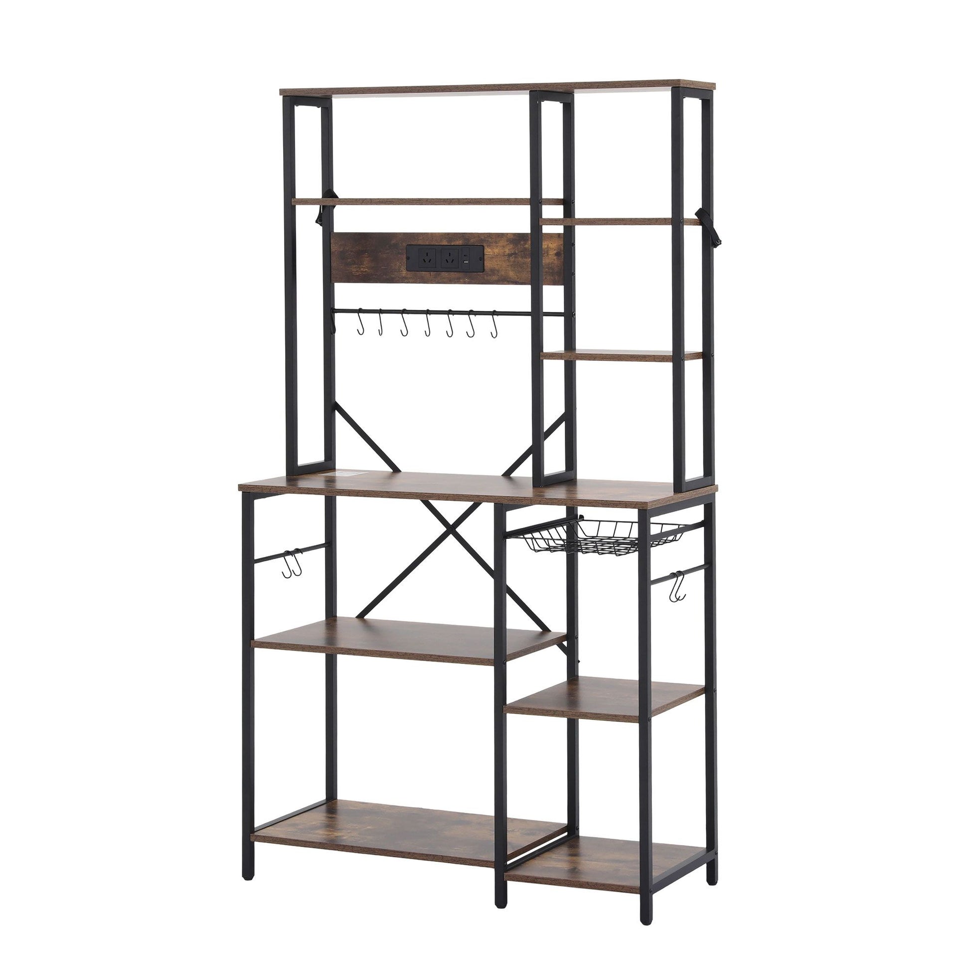 Artiss Kitchen Rack with Power Outlets Hooks 96CMX170CM Microwave Storage Shelf KR-MEL-5S-100-2AC-BKBR