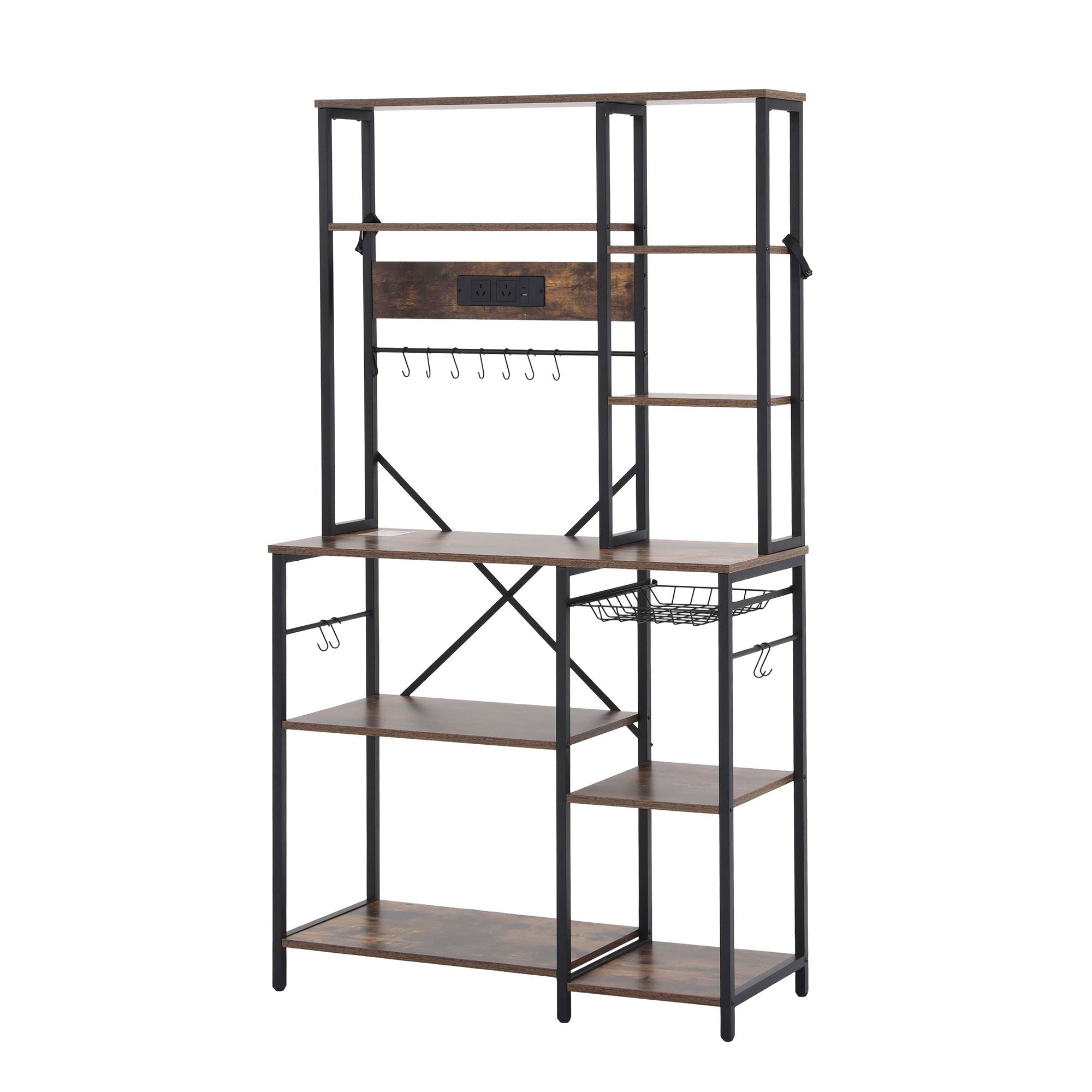 Artiss Kitchen Rack with Power Outlets Hooks 96CMX170CM Microwave Storage Shelf KR-MEL-5S-100-2AC-BKBR