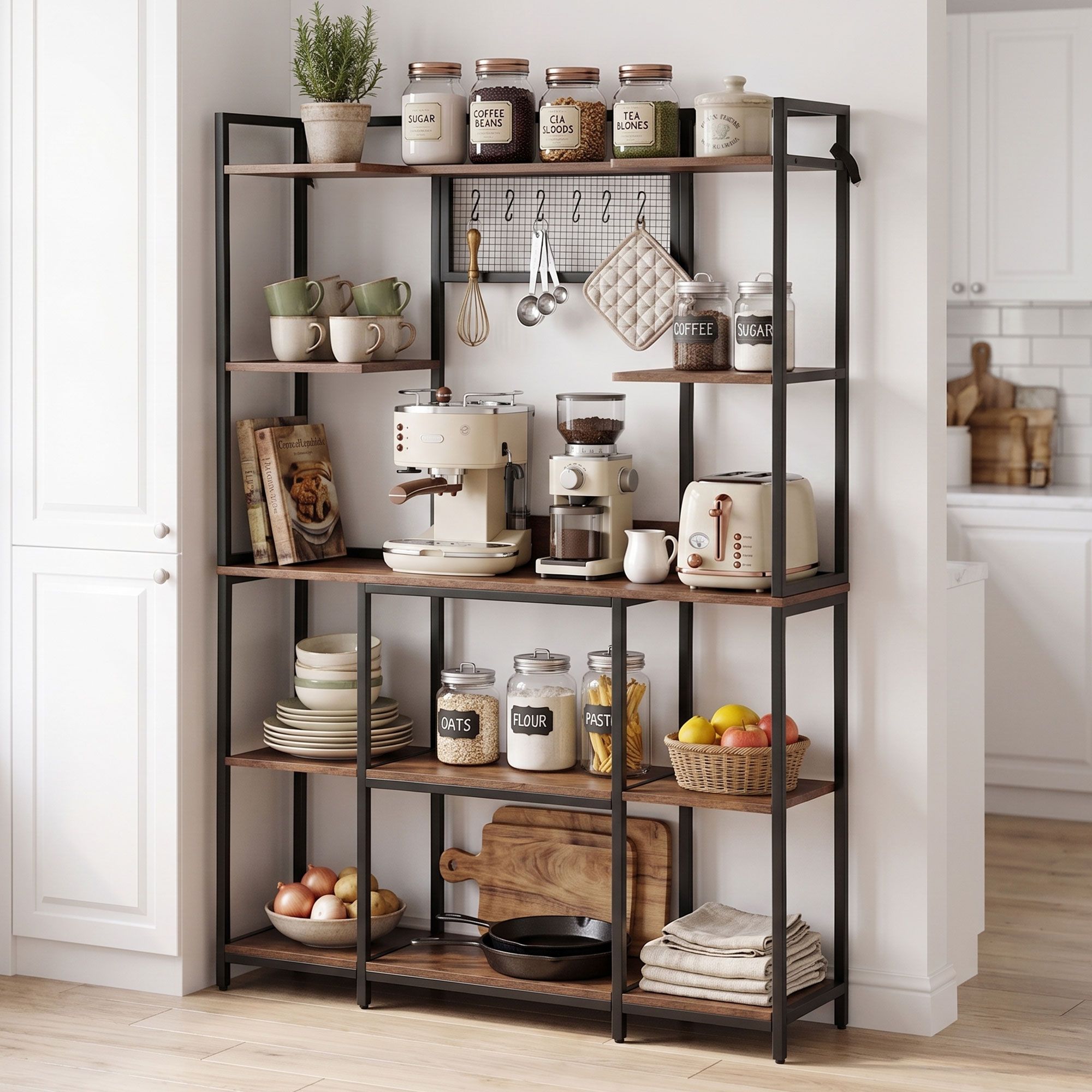Artiss Kitchen Rack with 6 Hooks Microwave Storage Shelf 120cm x 170cm KR-MEL-5S-120-BKBR
