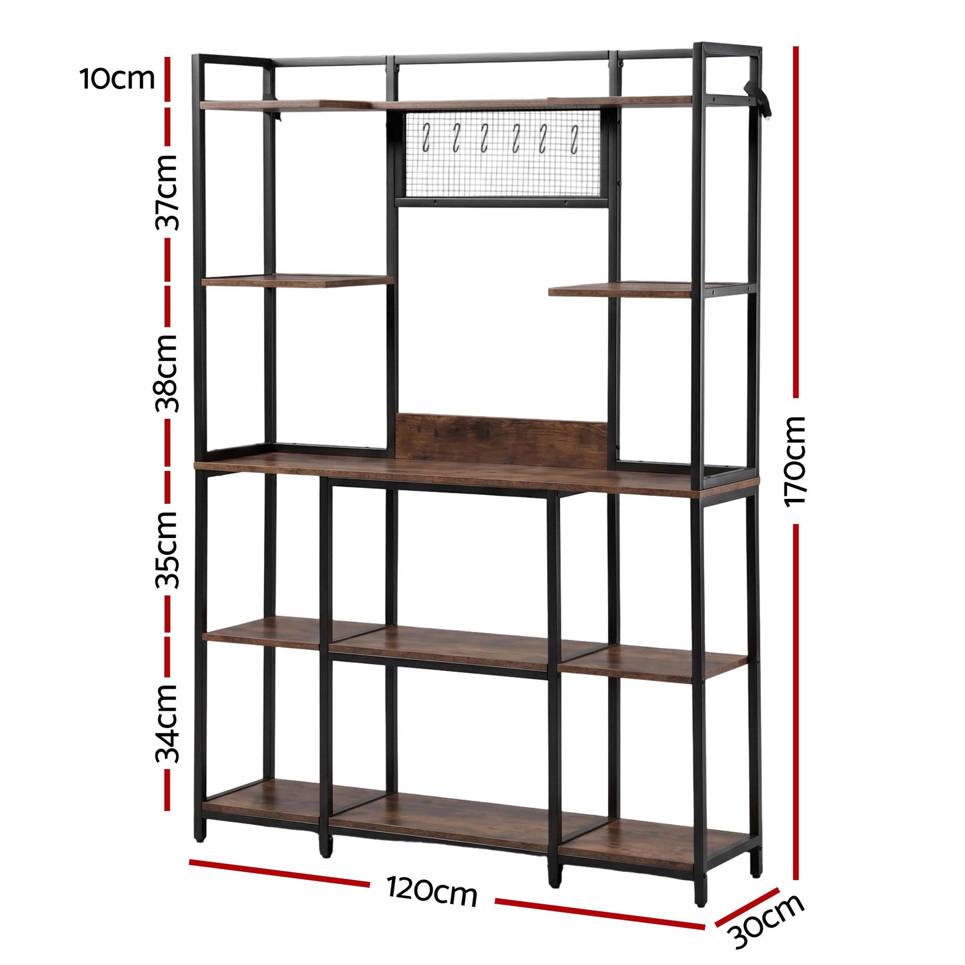 Artiss Kitchen Rack with 6 Hooks Microwave Storage Shelf 120cm x 170cm KR-MEL-5S-120-BKBR