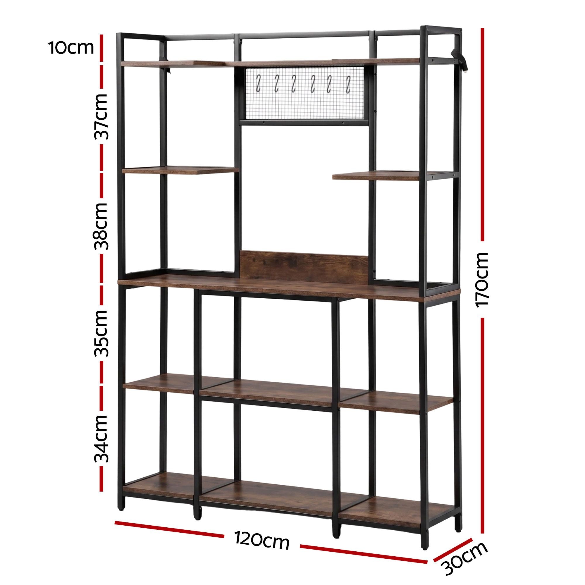 Artiss Kitchen Rack with 6 Hooks Microwave Storage Shelf 120cm x 170cm KR-MEL-5S-120-BKBR